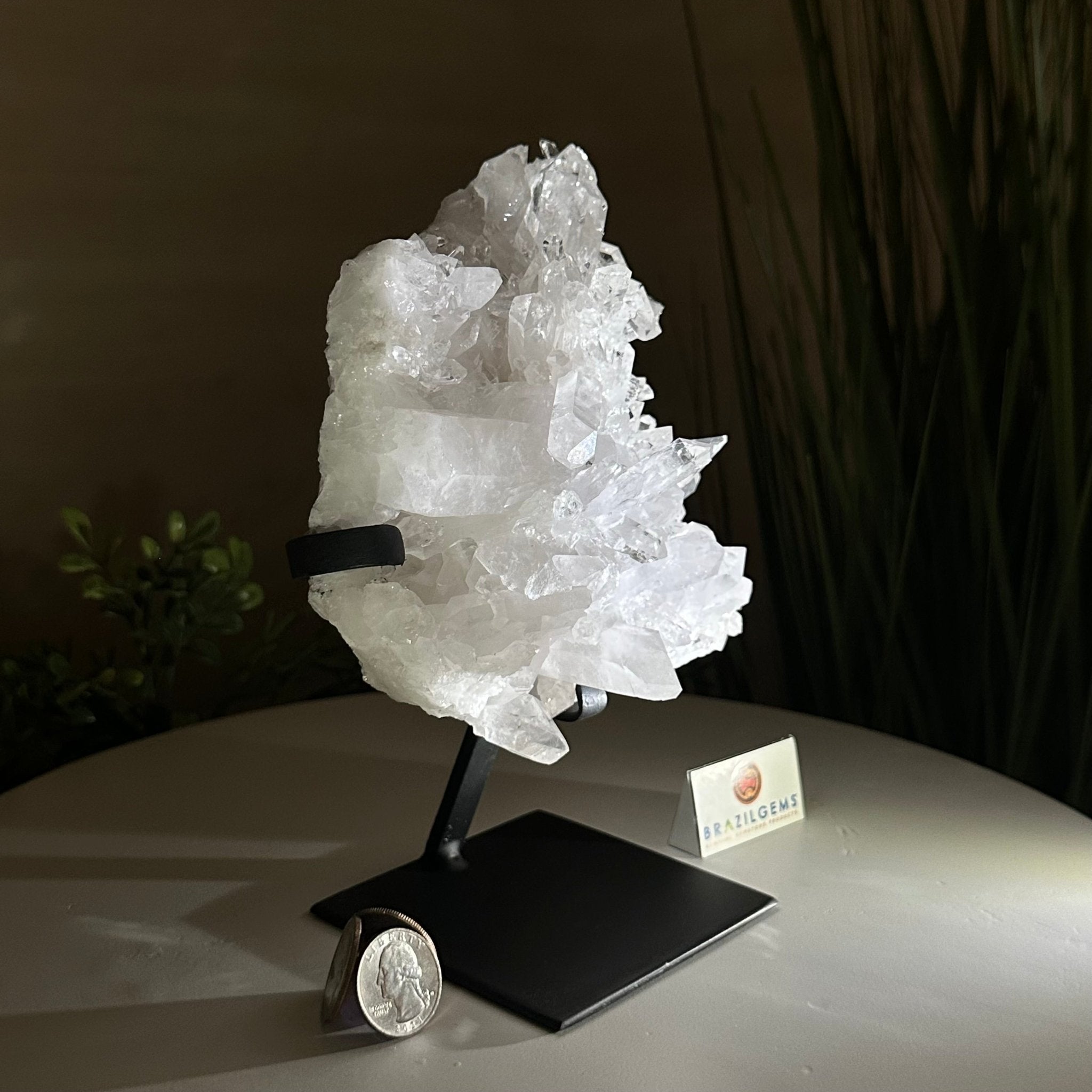 Super Quality Clear Quartz Cluster, Metal Stand, 3.5 lbs & 8.2" Tall 5495 - 0084 - Brazil GemsBrazil GemsSuper Quality Clear Quartz Cluster, Metal Stand, 3.5 lbs & 8.2" Tall 5495 - 0084Clusters on Fixed Bases5495 - 0084
