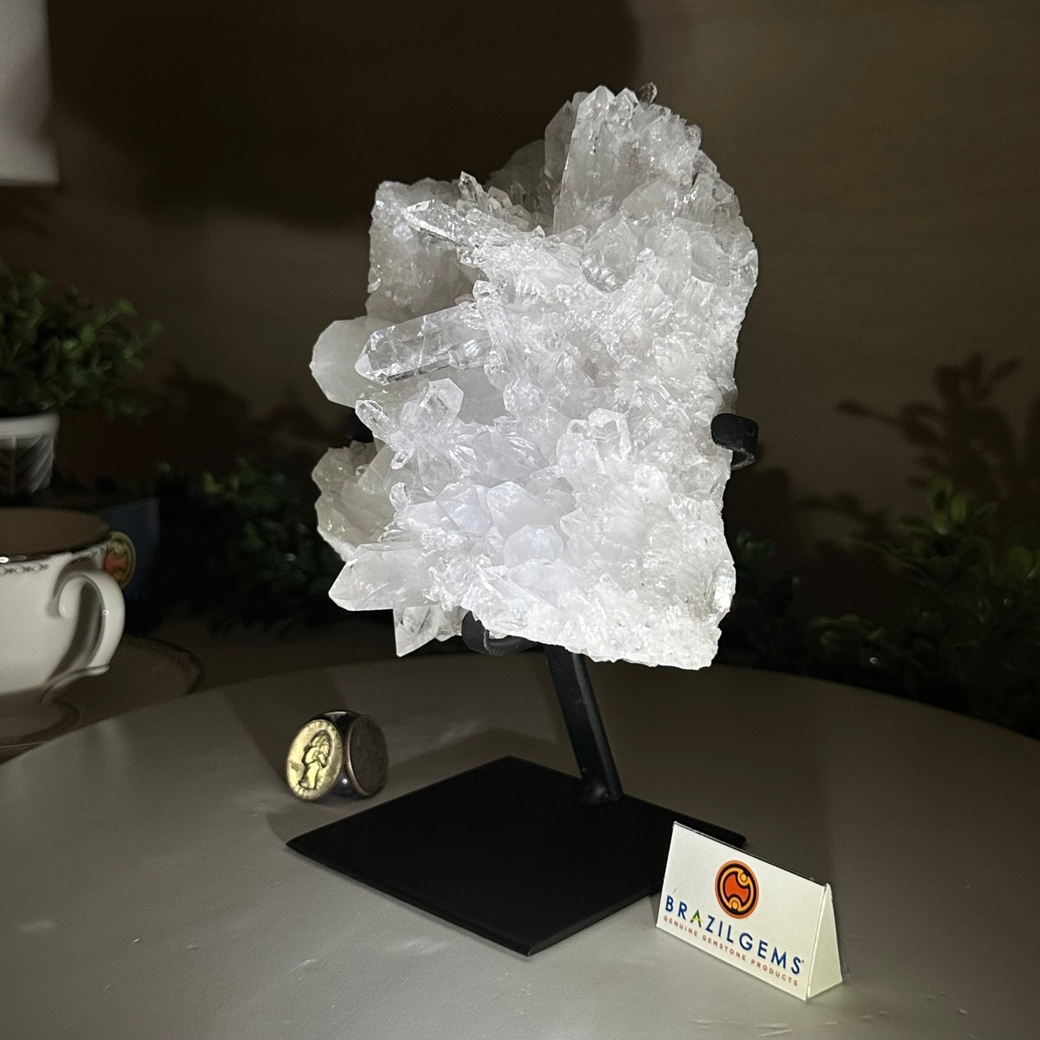 Super Quality Clear Quartz Cluster, Metal Stand, 3.5 lbs & 8.2" Tall 5495 - 0084 - Brazil GemsBrazil GemsSuper Quality Clear Quartz Cluster, Metal Stand, 3.5 lbs & 8.2" Tall 5495 - 0084Clusters on Fixed Bases5495 - 0084