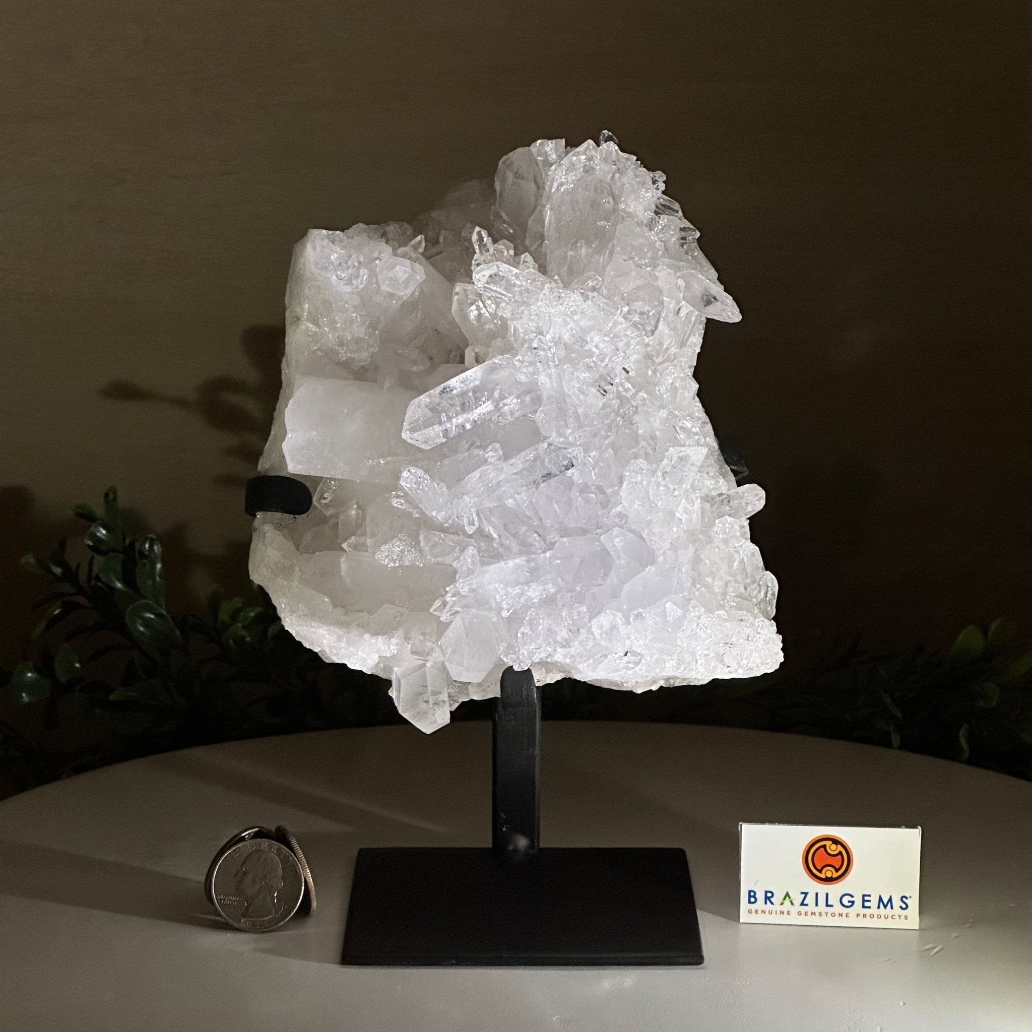 Super Quality Clear Quartz Cluster, Metal Stand, 3.5 lbs & 8.2" Tall 5495 - 0084 - Brazil GemsBrazil GemsSuper Quality Clear Quartz Cluster, Metal Stand, 3.5 lbs & 8.2" Tall 5495 - 0084Clusters on Fixed Bases5495 - 0084