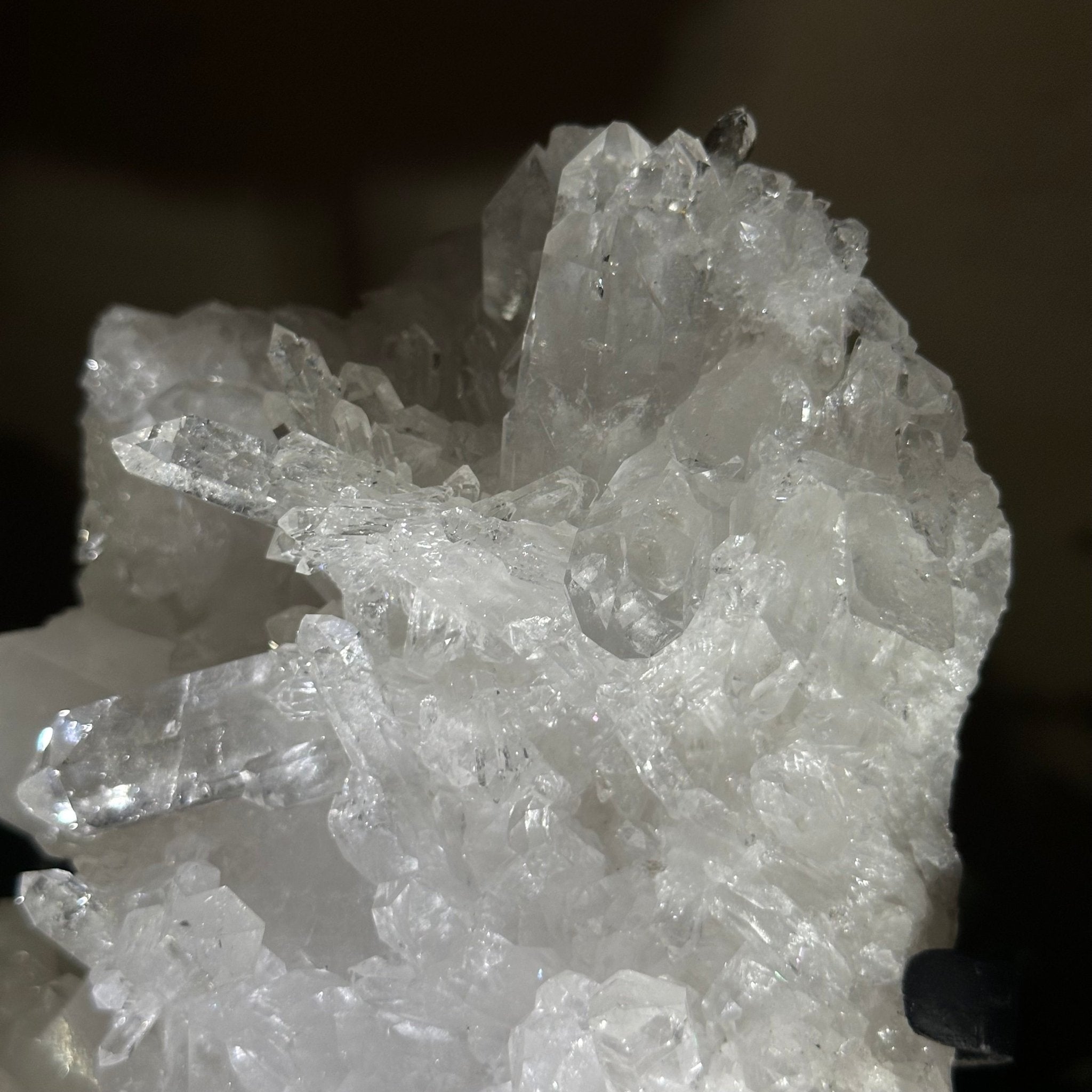 Super Quality Clear Quartz Cluster, Metal Stand, 3.5 lbs & 8.2" Tall 5495 - 0084 - Brazil GemsBrazil GemsSuper Quality Clear Quartz Cluster, Metal Stand, 3.5 lbs & 8.2" Tall 5495 - 0084Clusters on Fixed Bases5495 - 0084