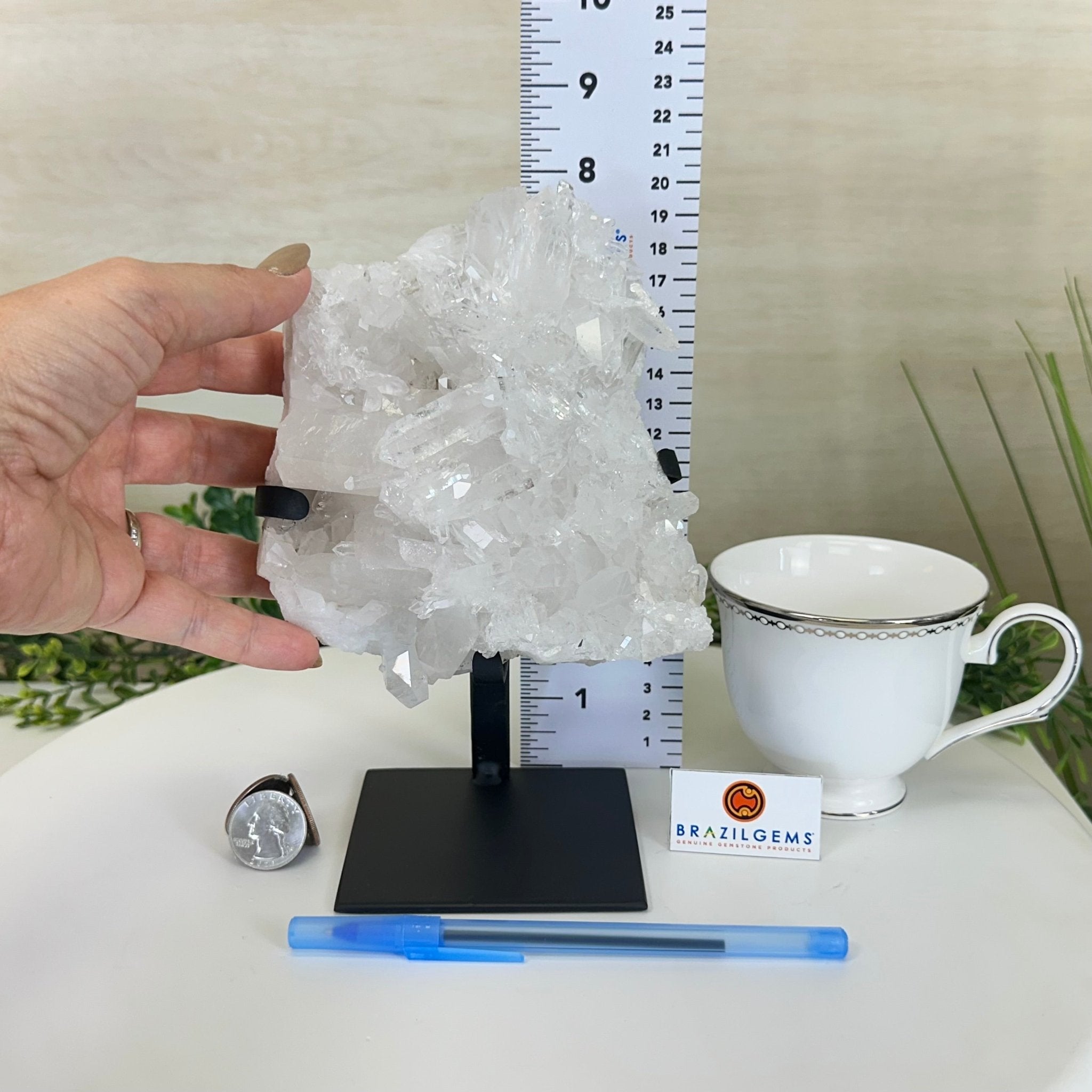 Super Quality Clear Quartz Cluster, Metal Stand, 3.5 lbs & 8.2" Tall 5495 - 0084 - Brazil GemsBrazil GemsSuper Quality Clear Quartz Cluster, Metal Stand, 3.5 lbs & 8.2" Tall 5495 - 0084Clusters on Fixed Bases5495 - 0084