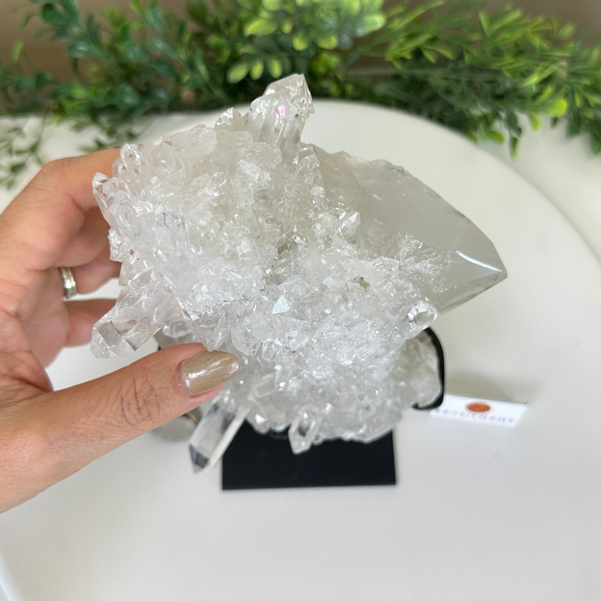Super Quality Clear Quartz Cluster, Metal Stand, 4 lbs & 9.6" Tall 5495 - 0086 - Brazil GemsBrazil GemsSuper Quality Clear Quartz Cluster, Metal Stand, 4 lbs & 9.6" Tall 5495 - 0086Clusters on Fixed Bases5495 - 0086