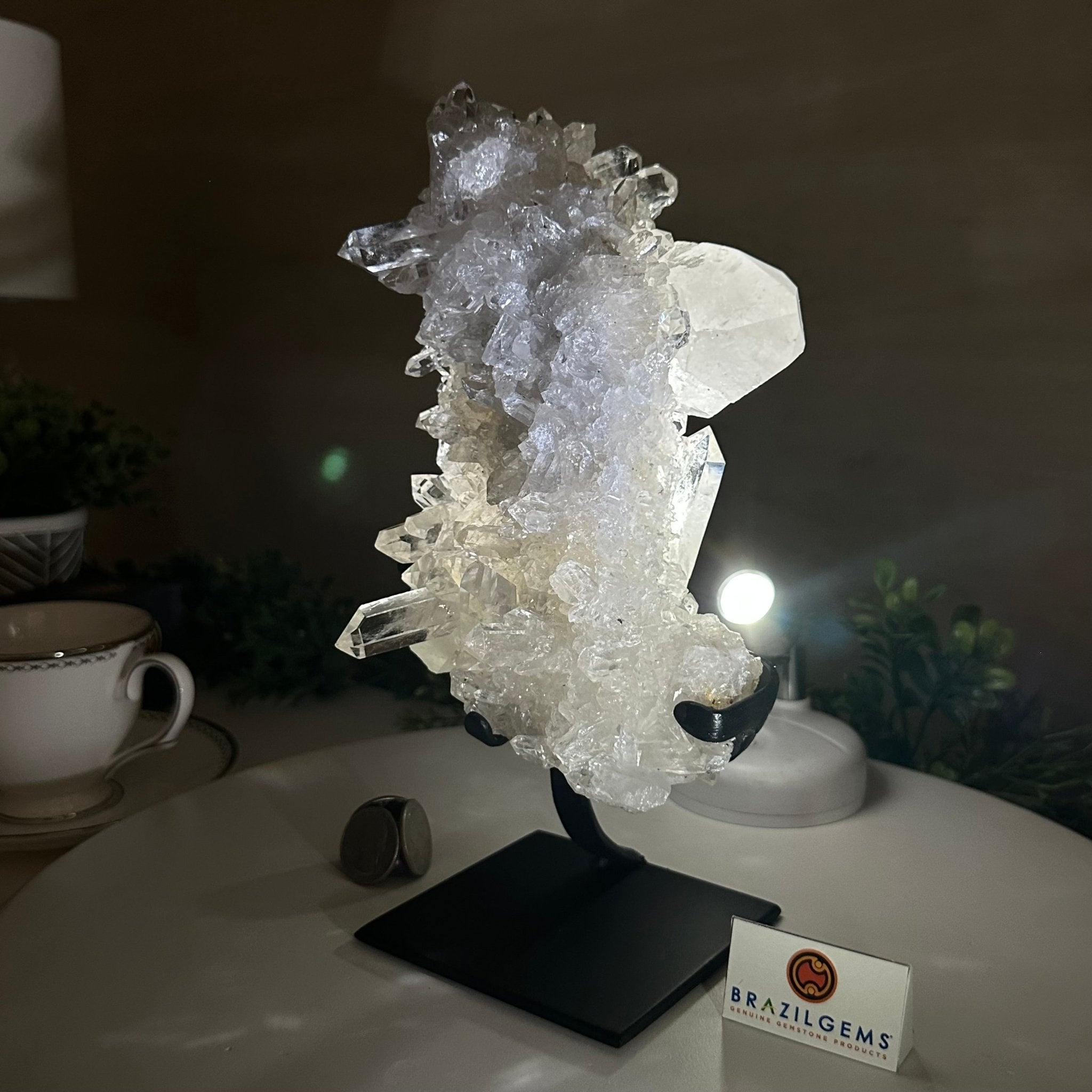 Super Quality Clear Quartz Cluster, Metal Stand, 4 lbs & 9.6" Tall 5495 - 0086 - Brazil GemsBrazil GemsSuper Quality Clear Quartz Cluster, Metal Stand, 4 lbs & 9.6" Tall 5495 - 0086Clusters on Fixed Bases5495 - 0086