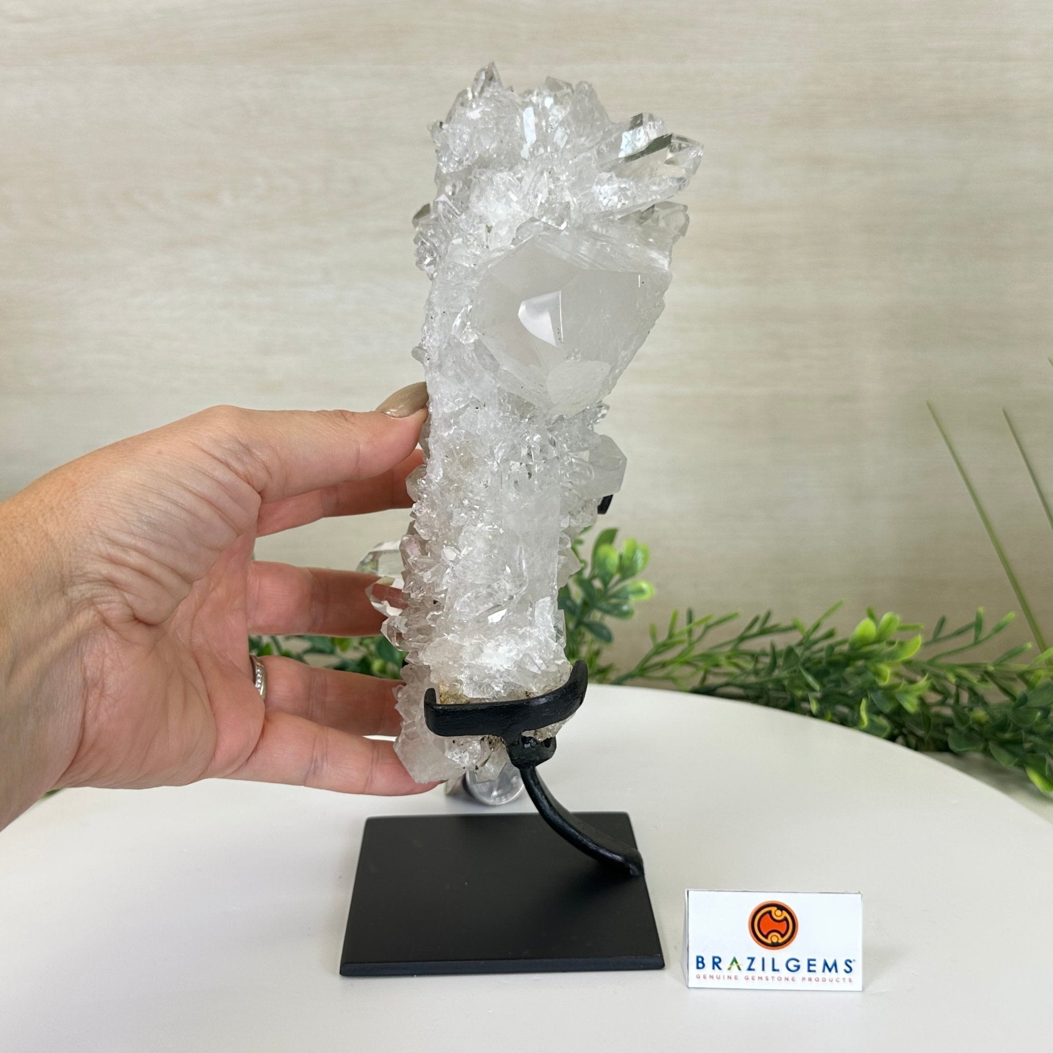 Super Quality Clear Quartz Cluster, Metal Stand, 4 lbs & 9.6" Tall 5495 - 0086 - Brazil GemsBrazil GemsSuper Quality Clear Quartz Cluster, Metal Stand, 4 lbs & 9.6" Tall 5495 - 0086Clusters on Fixed Bases5495 - 0086