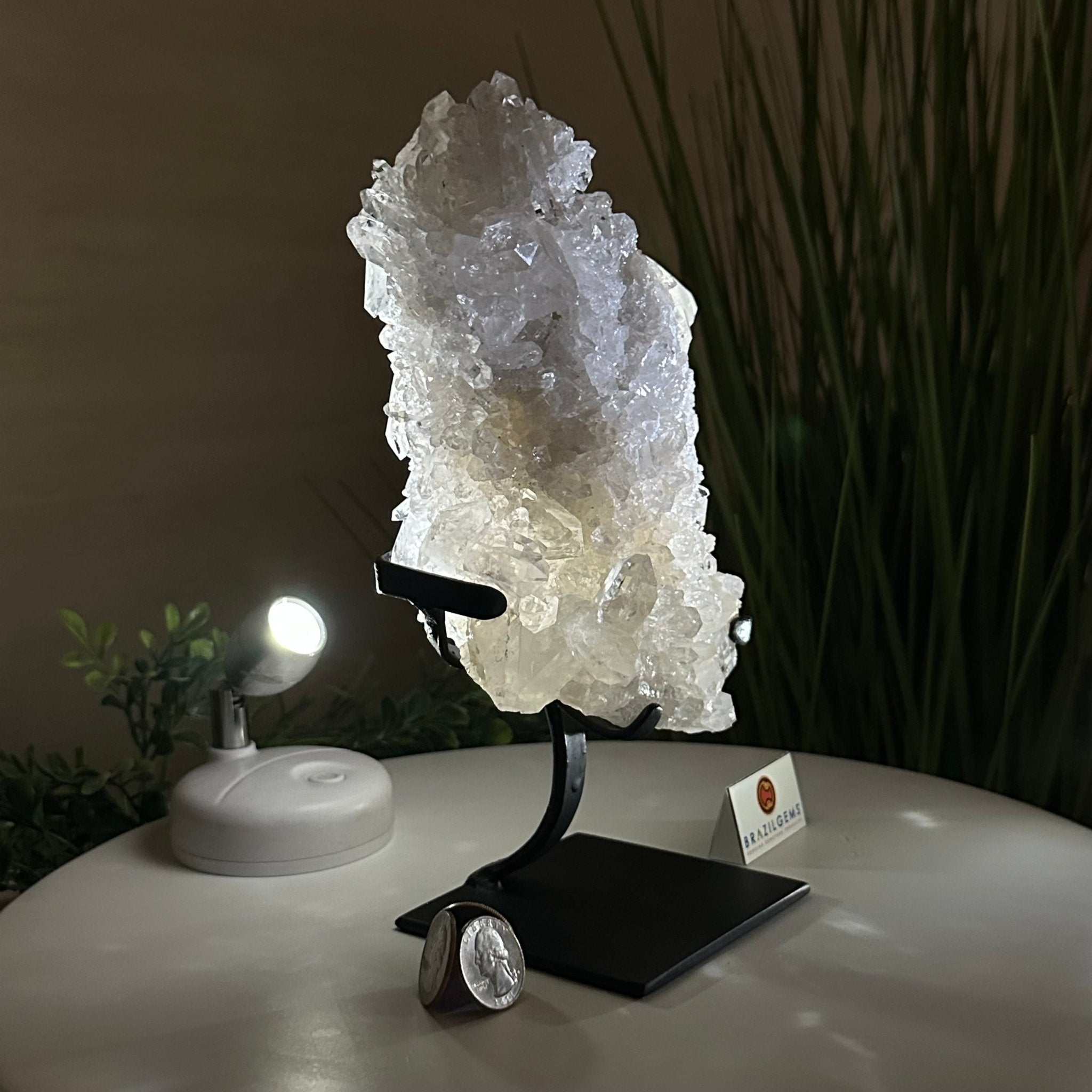 Super Quality Clear Quartz Cluster, Metal Stand, 4 lbs & 9.6" Tall 5495 - 0086 - Brazil GemsBrazil GemsSuper Quality Clear Quartz Cluster, Metal Stand, 4 lbs & 9.6" Tall 5495 - 0086Clusters on Fixed Bases5495 - 0086