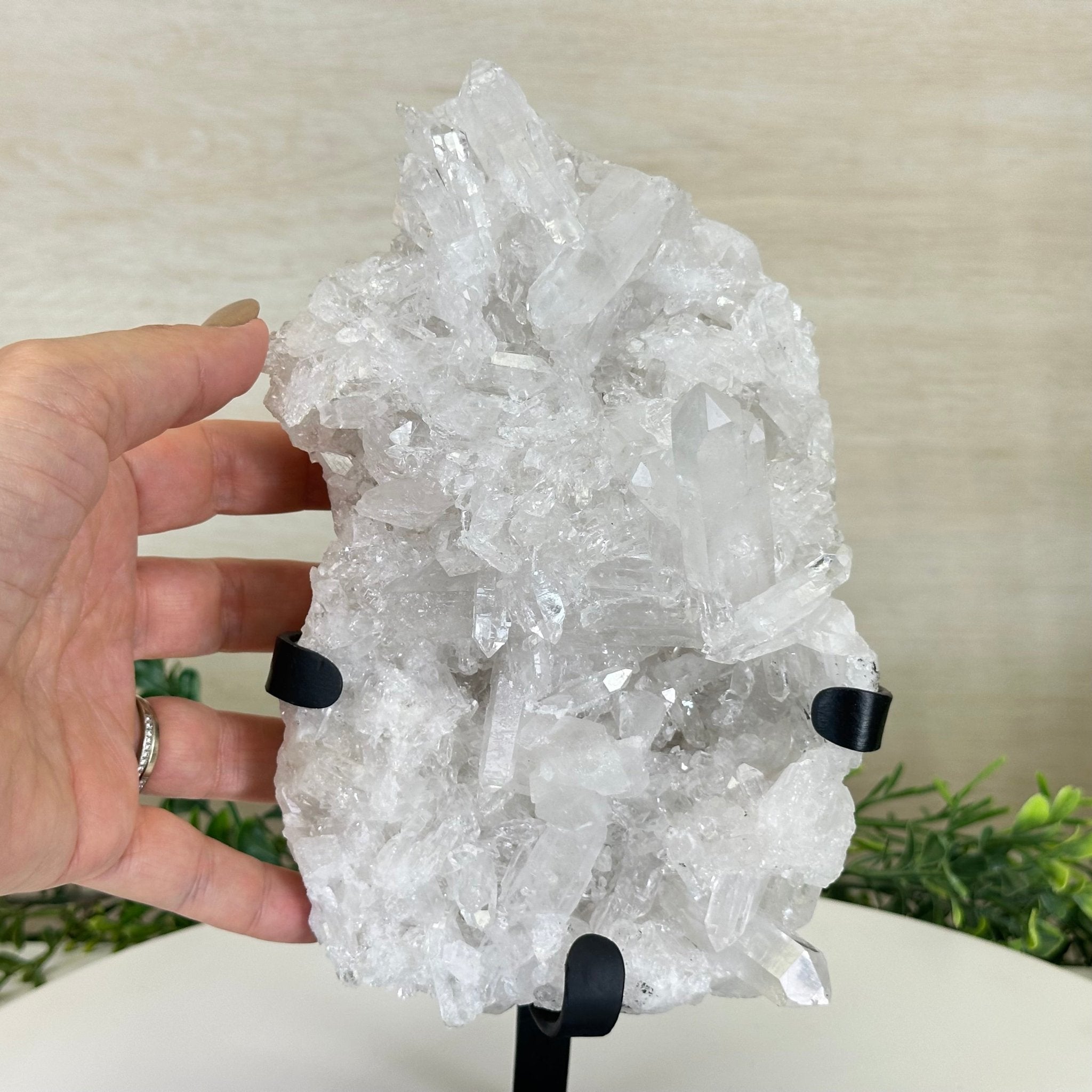 Super Quality Clear Quartz Cluster, Metal Stand, 4.1 lbs & 10.1" Tall 5495 - 0087 - Brazil GemsBrazil GemsSuper Quality Clear Quartz Cluster, Metal Stand, 4.1 lbs & 10.1" Tall 5495 - 0087Clusters on Fixed Bases5495 - 0087