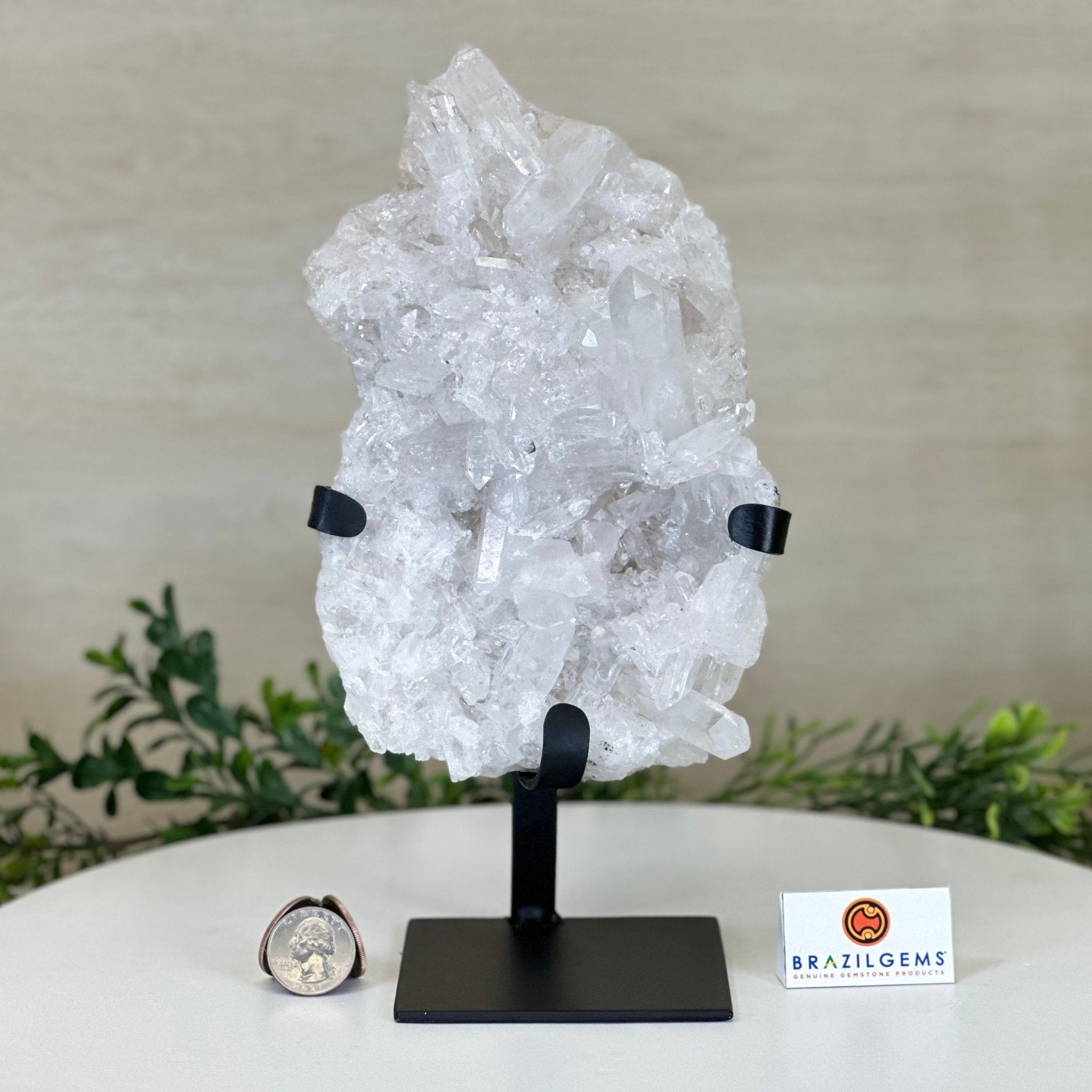 Super Quality Clear Quartz Cluster, Metal Stand, 4.1 lbs & 10.1" Tall 5495 - 0087 - Brazil GemsBrazil GemsSuper Quality Clear Quartz Cluster, Metal Stand, 4.1 lbs & 10.1" Tall 5495 - 0087Clusters on Fixed Bases5495 - 0087
