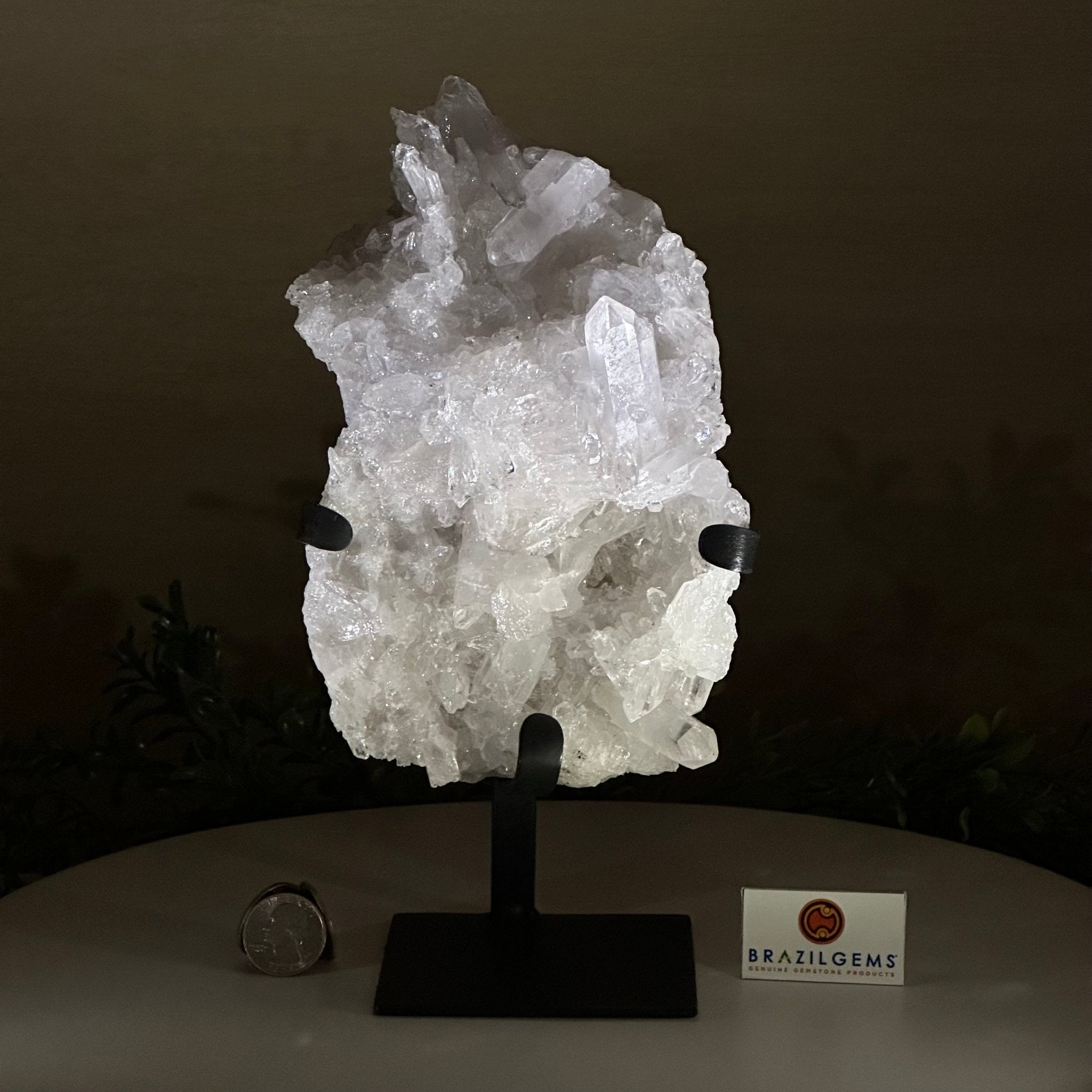 Super Quality Clear Quartz Cluster, Metal Stand, 4.1 lbs & 10.1" Tall 5495 - 0087 - Brazil GemsBrazil GemsSuper Quality Clear Quartz Cluster, Metal Stand, 4.1 lbs & 10.1" Tall 5495 - 0087Clusters on Fixed Bases5495 - 0087