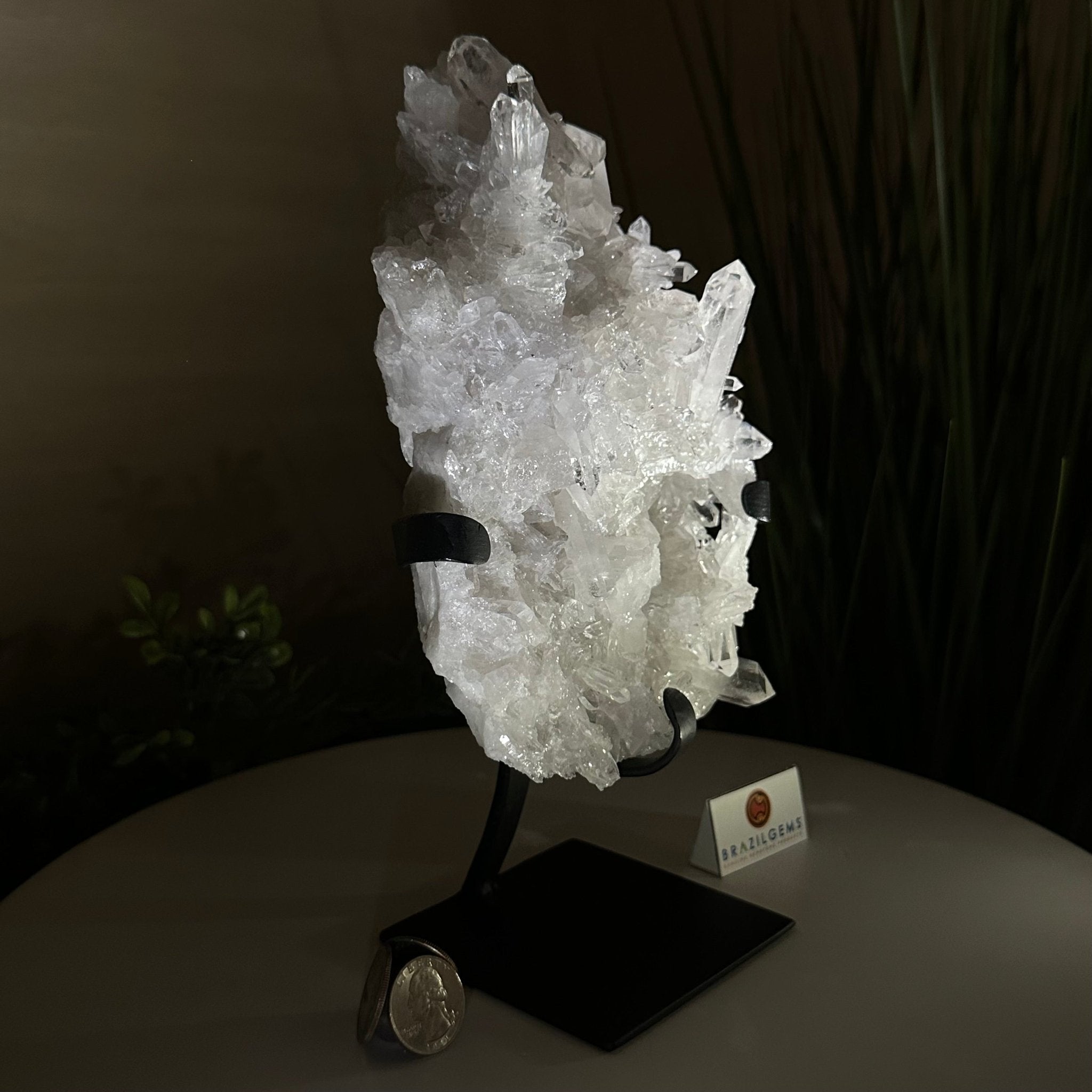 Super Quality Clear Quartz Cluster, Metal Stand, 4.1 lbs & 10.1" Tall 5495 - 0087 - Brazil GemsBrazil GemsSuper Quality Clear Quartz Cluster, Metal Stand, 4.1 lbs & 10.1" Tall 5495 - 0087Clusters on Fixed Bases5495 - 0087