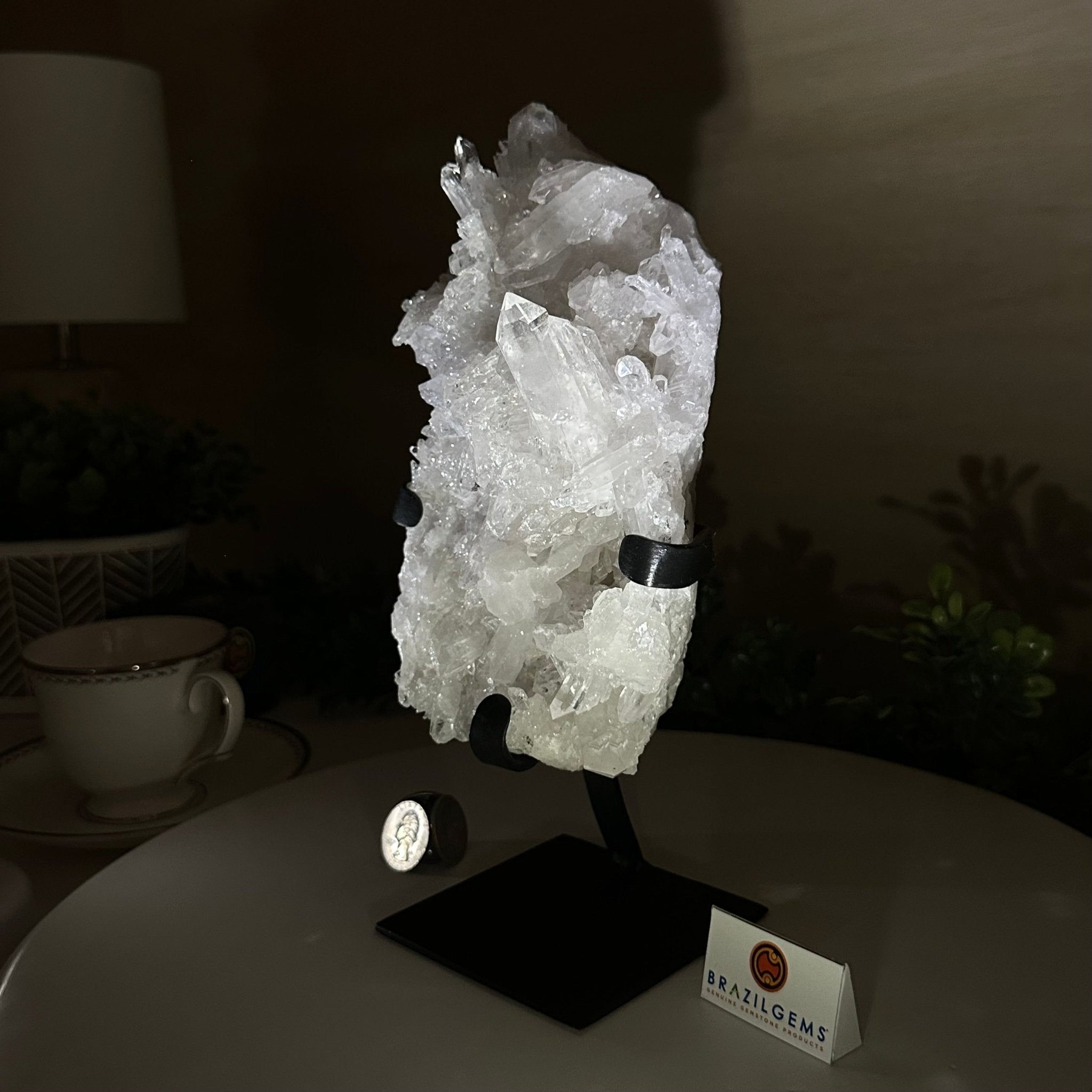 Super Quality Clear Quartz Cluster, Metal Stand, 4.1 lbs & 10.1" Tall 5495 - 0087 - Brazil GemsBrazil GemsSuper Quality Clear Quartz Cluster, Metal Stand, 4.1 lbs & 10.1" Tall 5495 - 0087Clusters on Fixed Bases5495 - 0087