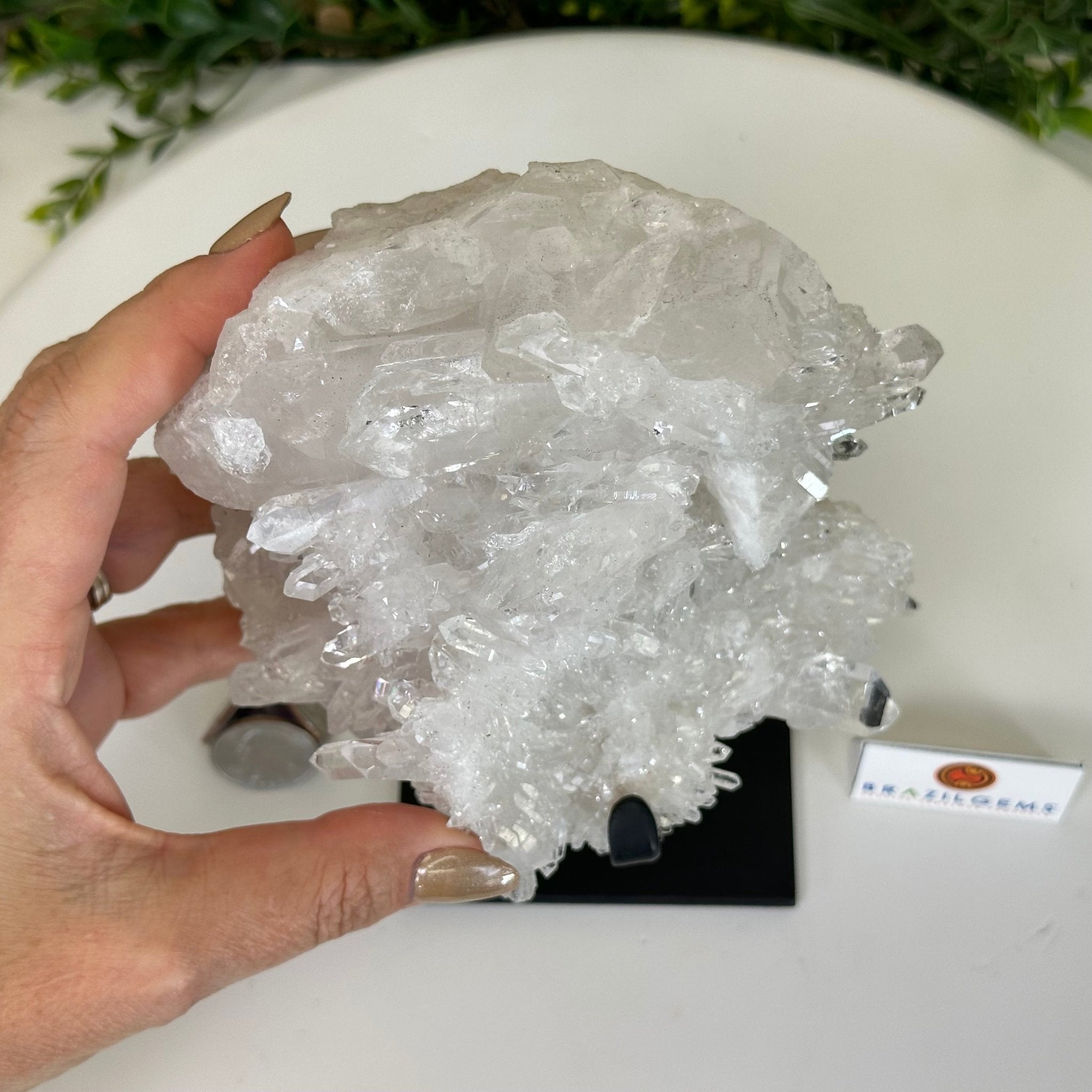 Super Quality Clear Quartz Cluster, Metal Stand, 4.2 lbs & 7.6" Tall 5495 - 0089 - Brazil GemsBrazil GemsSuper Quality Clear Quartz Cluster, Metal Stand, 4.2 lbs & 7.6" Tall 5495 - 0089Clusters on Fixed Bases5495 - 0089