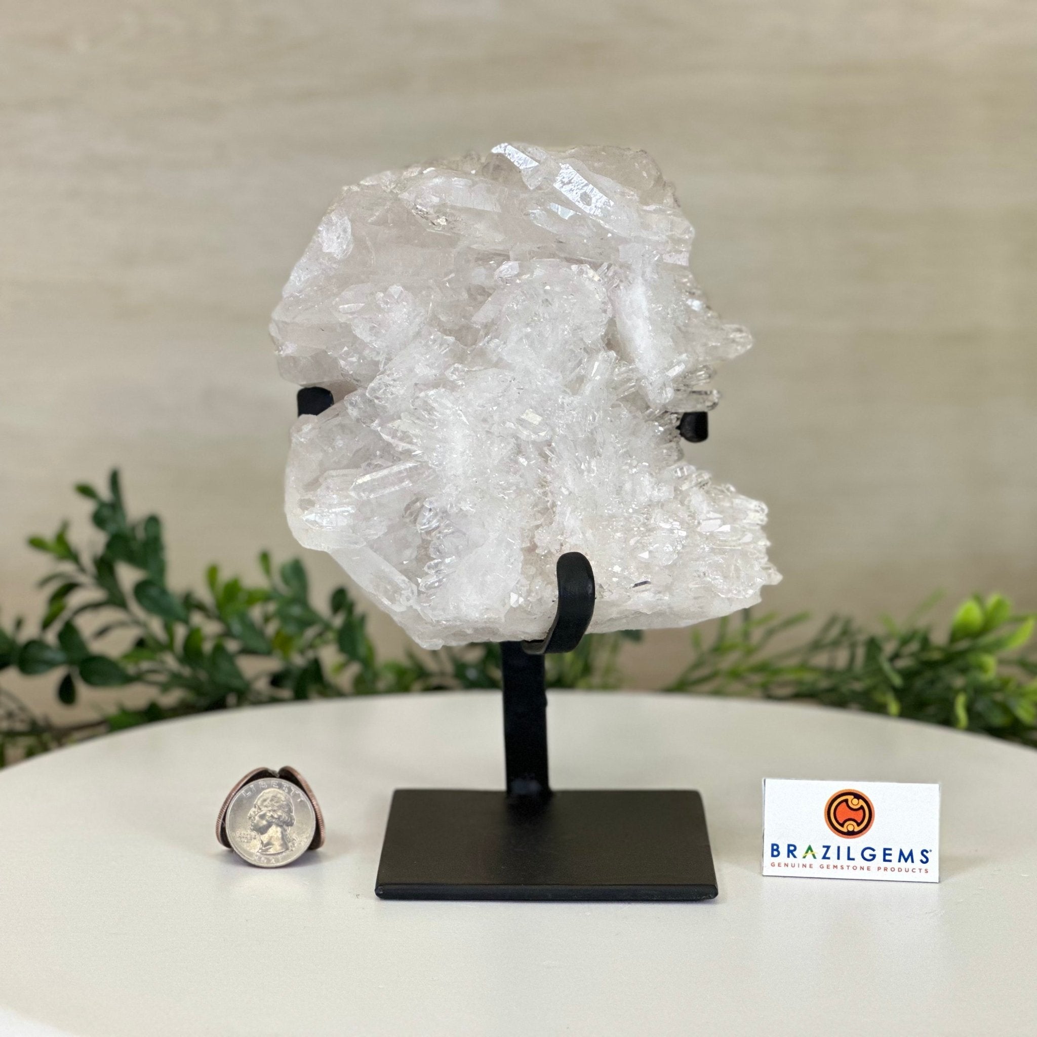 Super Quality Clear Quartz Cluster, Metal Stand, 4.2 lbs & 7.6" Tall 5495 - 0089 - Brazil GemsBrazil GemsSuper Quality Clear Quartz Cluster, Metal Stand, 4.2 lbs & 7.6" Tall 5495 - 0089Clusters on Fixed Bases5495 - 0089