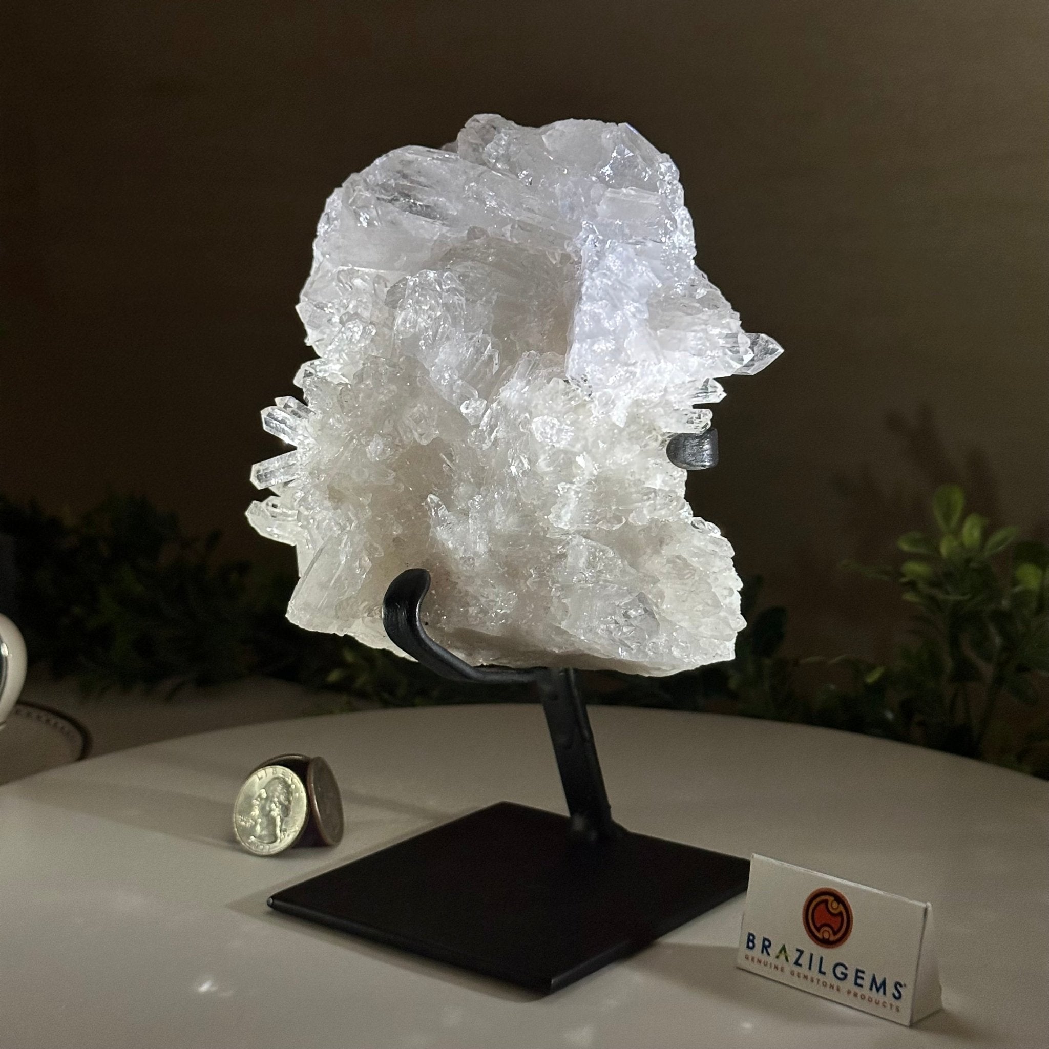 Super Quality Clear Quartz Cluster, Metal Stand, 4.2 lbs & 7.6" Tall 5495 - 0089 - Brazil GemsBrazil GemsSuper Quality Clear Quartz Cluster, Metal Stand, 4.2 lbs & 7.6" Tall 5495 - 0089Clusters on Fixed Bases5495 - 0089
