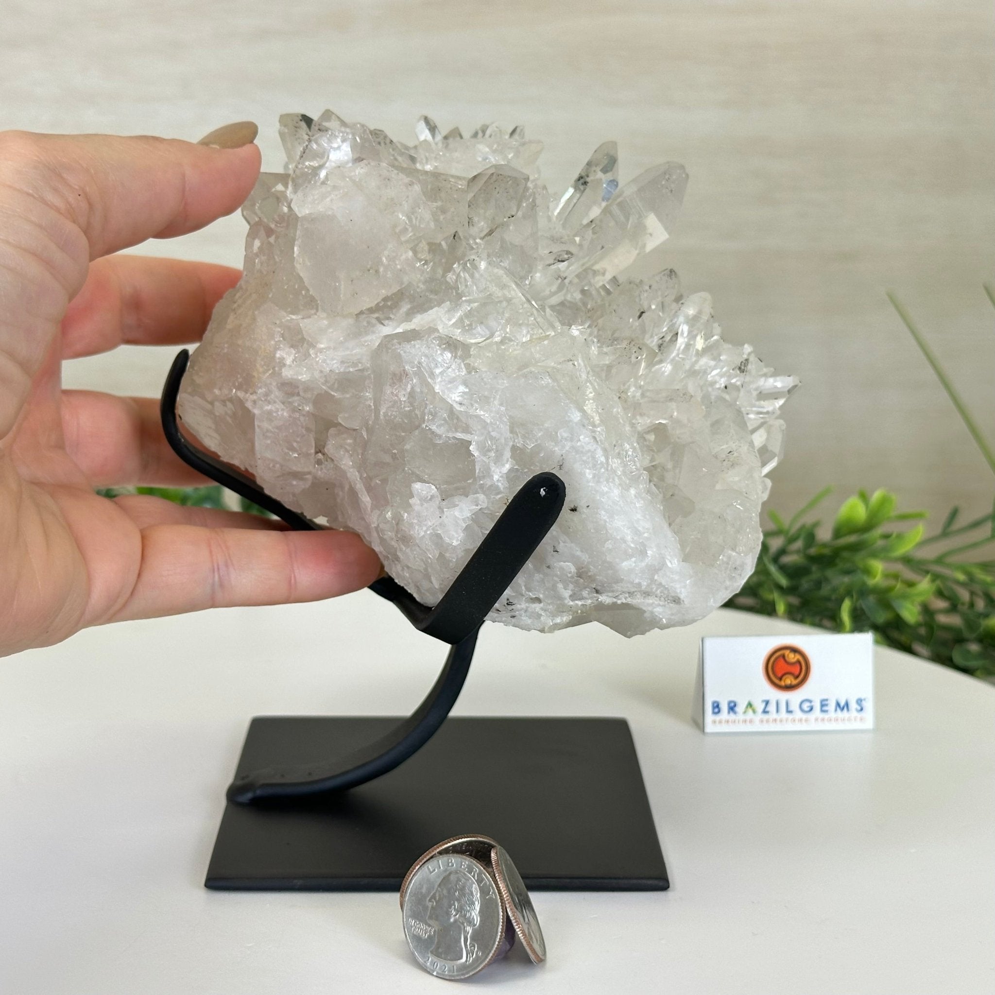Super Quality Clear Quartz Cluster, Metal Stand, 5 lbs & 6.4" Tall 5495 - 0093 - Brazil GemsBrazil GemsSuper Quality Clear Quartz Cluster, Metal Stand, 5 lbs & 6.4" Tall 5495 - 0093Clusters on Fixed Bases5495 - 0093