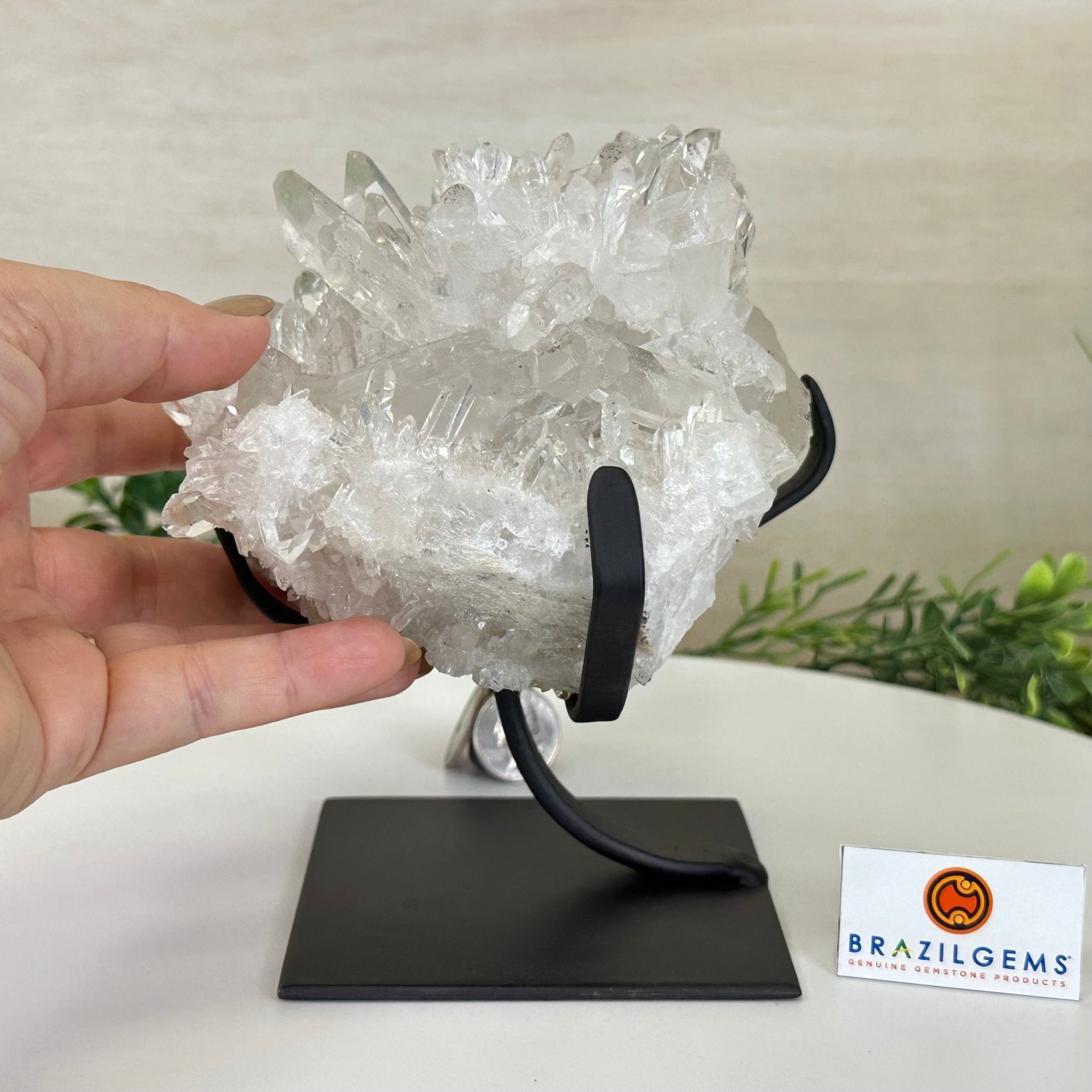 Super Quality Clear Quartz Cluster, Metal Stand, 5 lbs & 6.4" Tall 5495 - 0093 - Brazil GemsBrazil GemsSuper Quality Clear Quartz Cluster, Metal Stand, 5 lbs & 6.4" Tall 5495 - 0093Clusters on Fixed Bases5495 - 0093