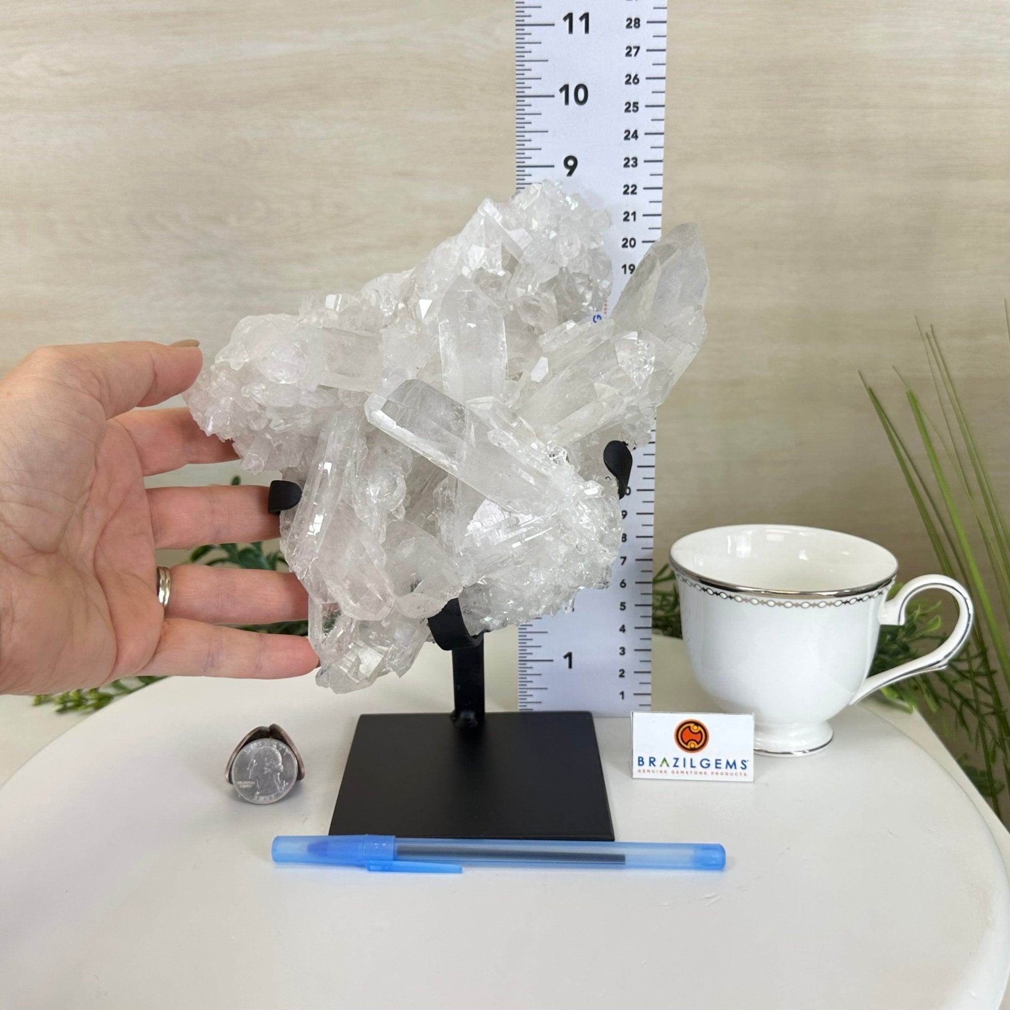 Super Quality Clear Quartz Cluster, Metal Stand, 5.2 lbs & 8.9" Tall 5495 - 0095 - Brazil GemsBrazil GemsSuper Quality Clear Quartz Cluster, Metal Stand, 5.2 lbs & 8.9" Tall 5495 - 0095Clusters on Fixed Bases5495 - 0095