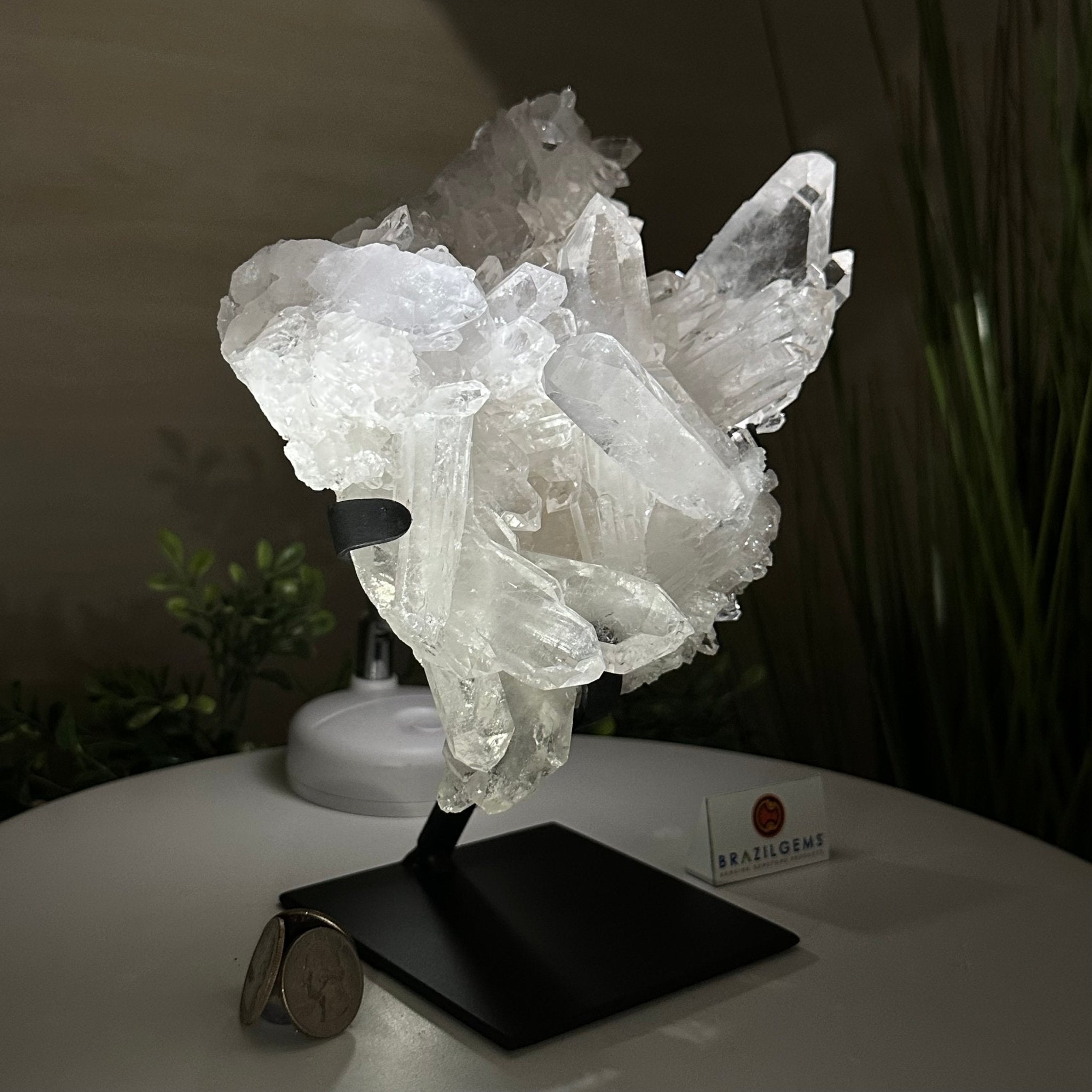 Super Quality Clear Quartz Cluster, Metal Stand, 5.2 lbs & 8.9" Tall 5495 - 0095 - Brazil GemsBrazil GemsSuper Quality Clear Quartz Cluster, Metal Stand, 5.2 lbs & 8.9" Tall 5495 - 0095Clusters on Fixed Bases5495 - 0095