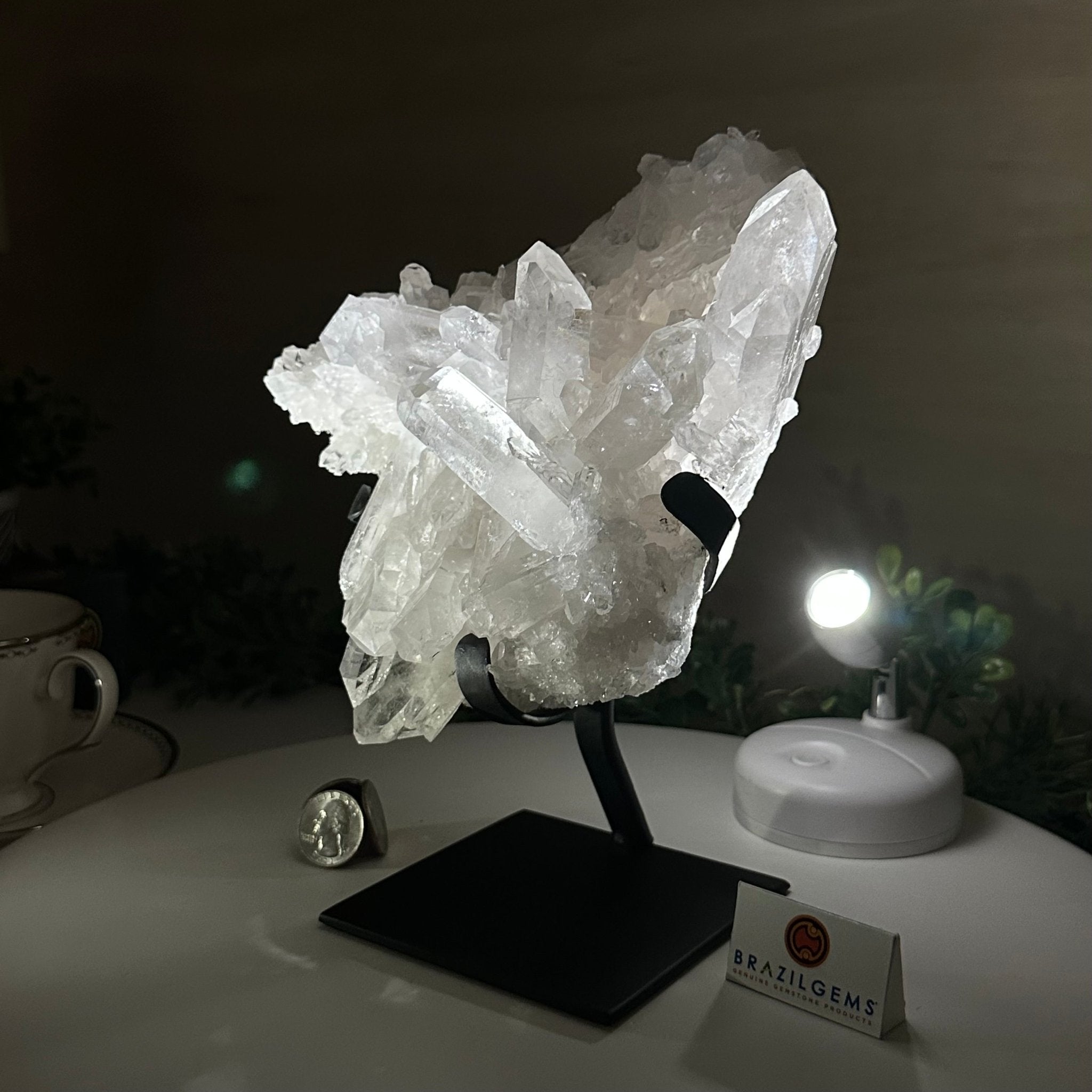 Super Quality Clear Quartz Cluster, Metal Stand, 5.2 lbs & 8.9" Tall 5495 - 0095 - Brazil GemsBrazil GemsSuper Quality Clear Quartz Cluster, Metal Stand, 5.2 lbs & 8.9" Tall 5495 - 0095Clusters on Fixed Bases5495 - 0095
