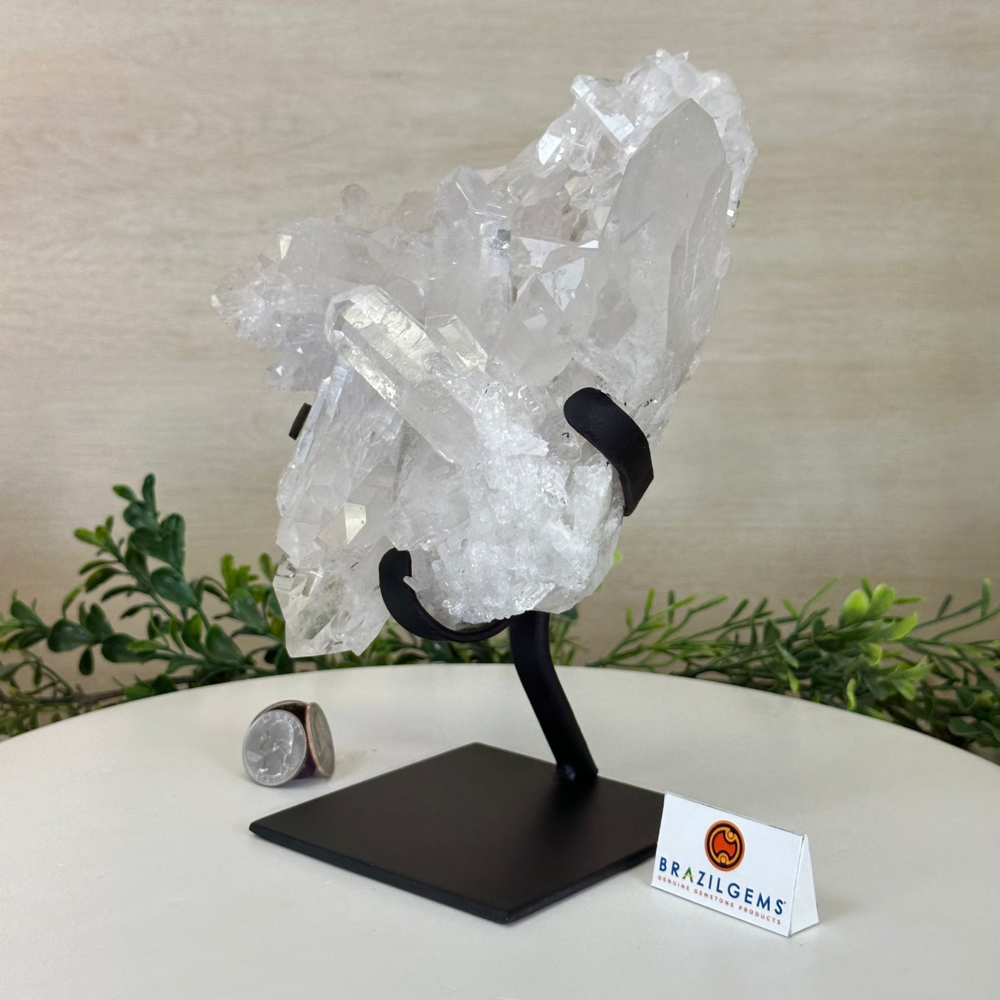Super Quality Clear Quartz Cluster, Metal Stand, 5.2 lbs & 8.9" Tall 5495 - 0095 - Brazil GemsBrazil GemsSuper Quality Clear Quartz Cluster, Metal Stand, 5.2 lbs & 8.9" Tall 5495 - 0095Clusters on Fixed Bases5495 - 0095