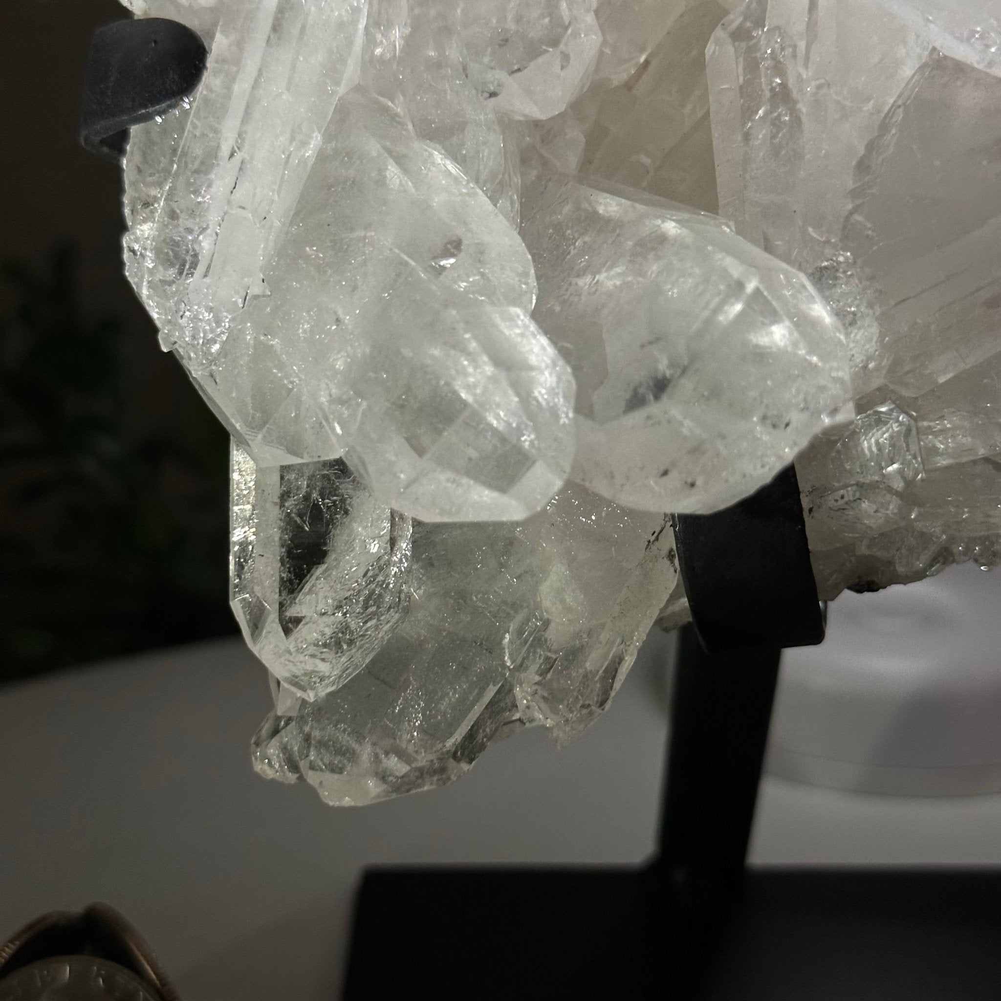 Super Quality Clear Quartz Cluster, Metal Stand, 5.2 lbs & 8.9" Tall 5495 - 0095 - Brazil GemsBrazil GemsSuper Quality Clear Quartz Cluster, Metal Stand, 5.2 lbs & 8.9" Tall 5495 - 0095Clusters on Fixed Bases5495 - 0095