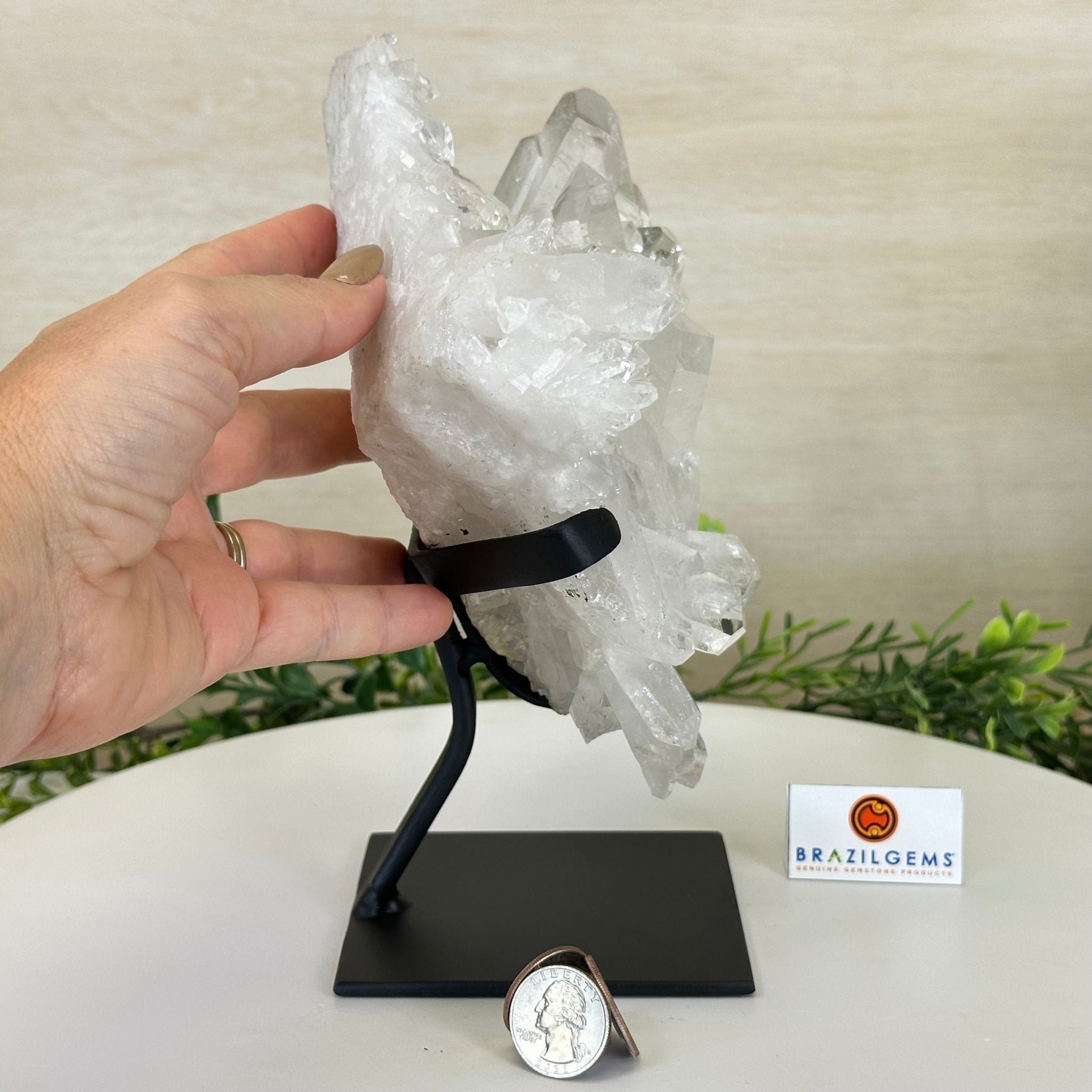 Super Quality Clear Quartz Cluster, Metal Stand, 5.2 lbs & 8.9" Tall 5495 - 0095 - Brazil GemsBrazil GemsSuper Quality Clear Quartz Cluster, Metal Stand, 5.2 lbs & 8.9" Tall 5495 - 0095Clusters on Fixed Bases5495 - 0095