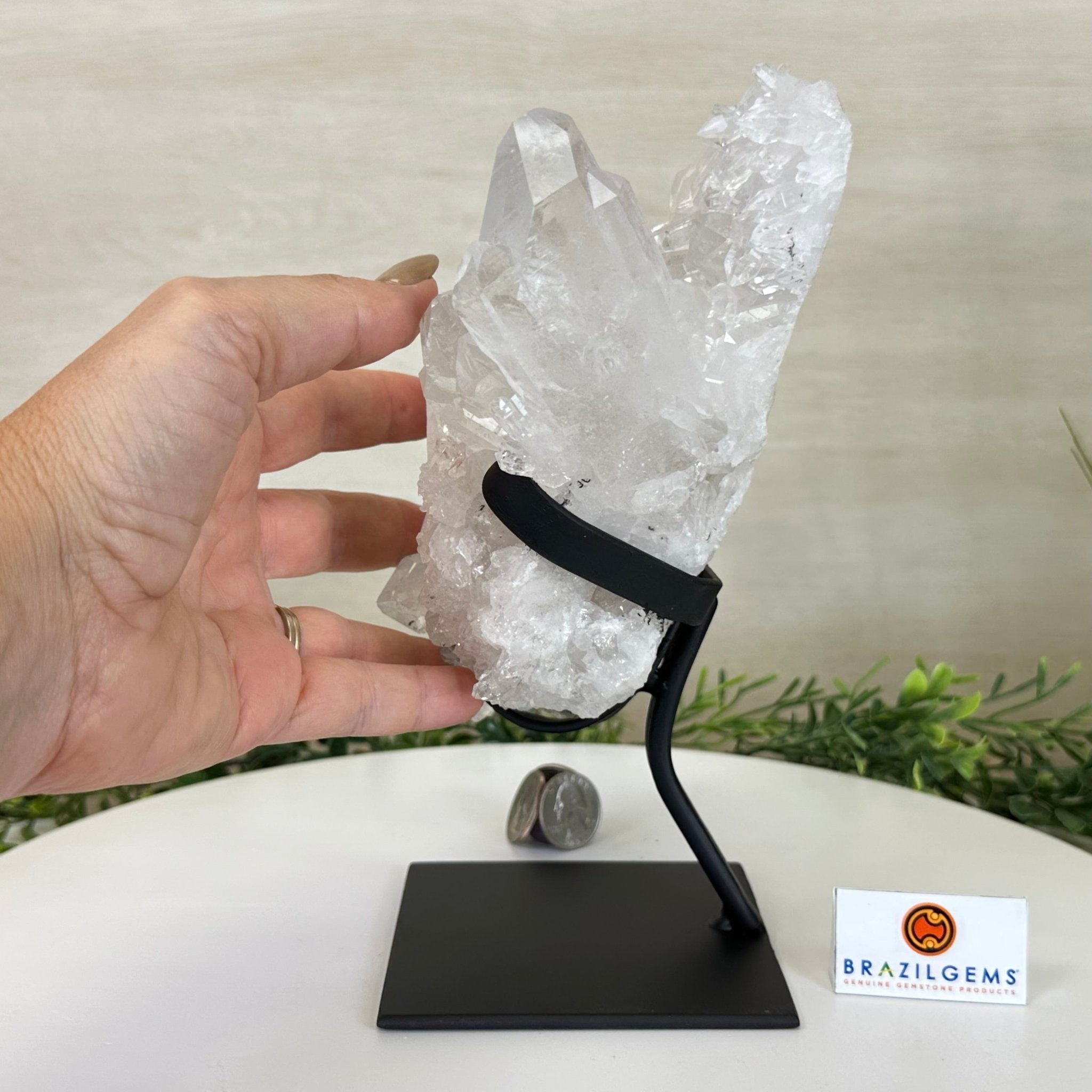 Super Quality Clear Quartz Cluster, Metal Stand, 5.2 lbs & 8.9" Tall 5495 - 0095 - Brazil GemsBrazil GemsSuper Quality Clear Quartz Cluster, Metal Stand, 5.2 lbs & 8.9" Tall 5495 - 0095Clusters on Fixed Bases5495 - 0095