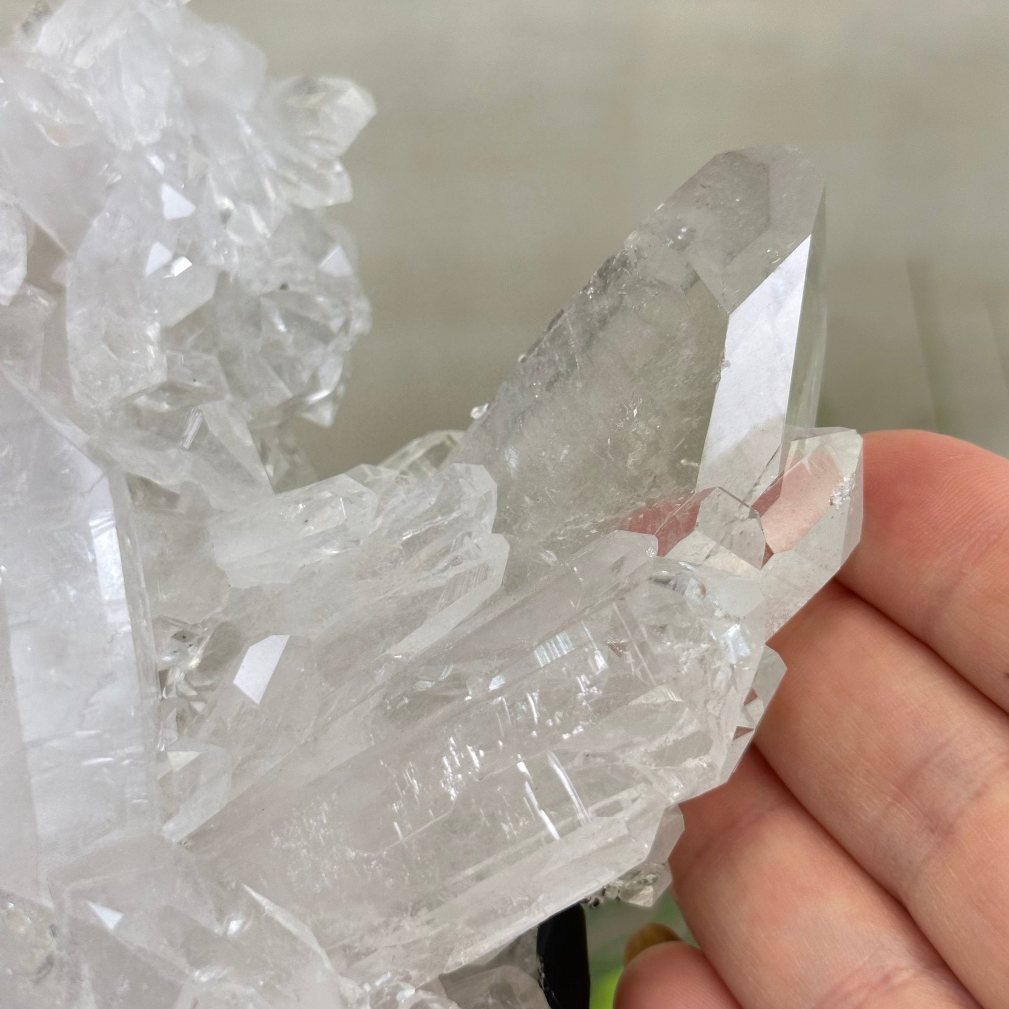 Super Quality Clear Quartz Cluster, Metal Stand, 5.2 lbs & 8.9" Tall 5495 - 0095 - Brazil GemsBrazil GemsSuper Quality Clear Quartz Cluster, Metal Stand, 5.2 lbs & 8.9" Tall 5495 - 0095Clusters on Fixed Bases5495 - 0095