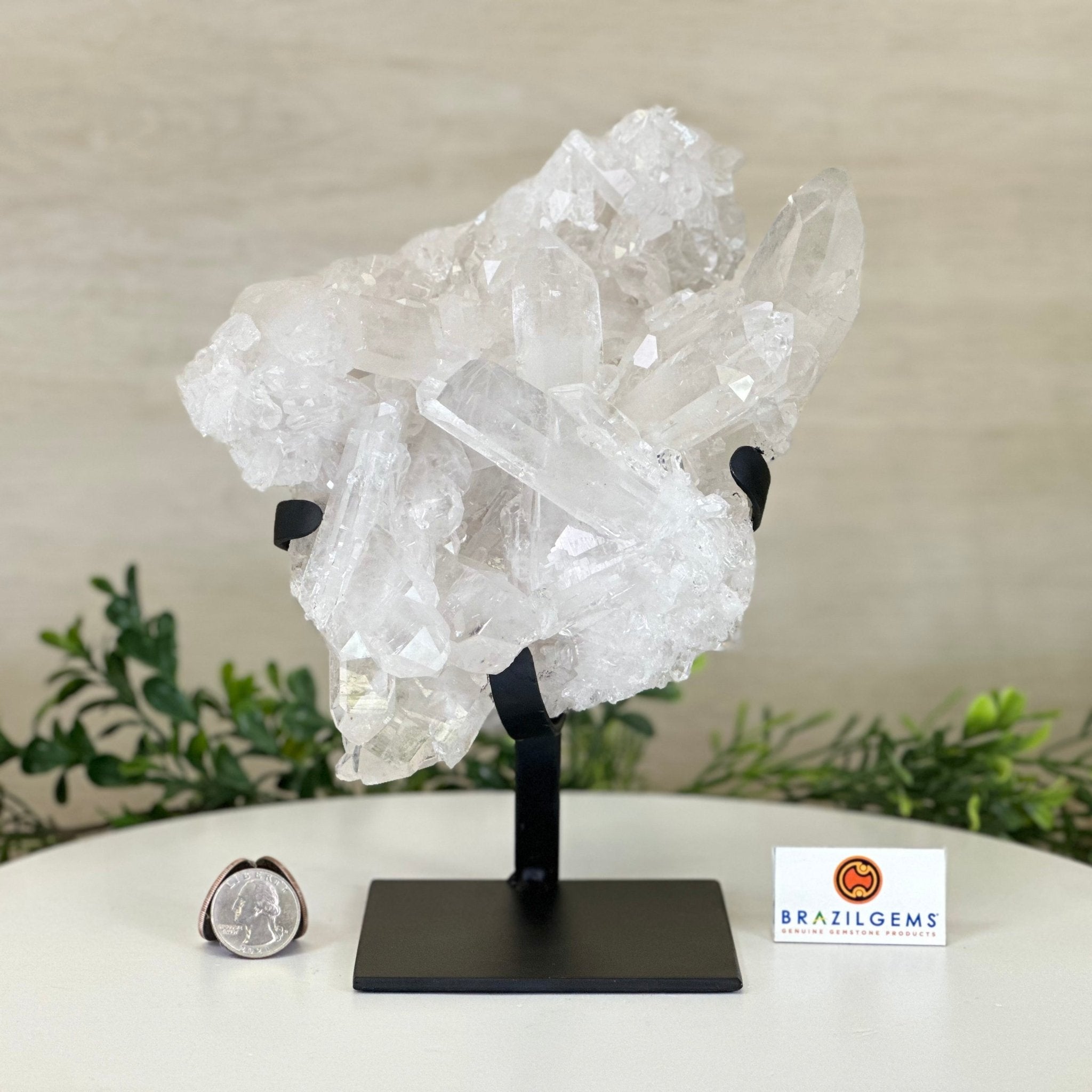 Super Quality Clear Quartz Cluster, Metal Stand, 5.2 lbs & 8.9" Tall 5495 - 0095 - Brazil GemsBrazil GemsSuper Quality Clear Quartz Cluster, Metal Stand, 5.2 lbs & 8.9" Tall 5495 - 0095Clusters on Fixed Bases5495 - 0095