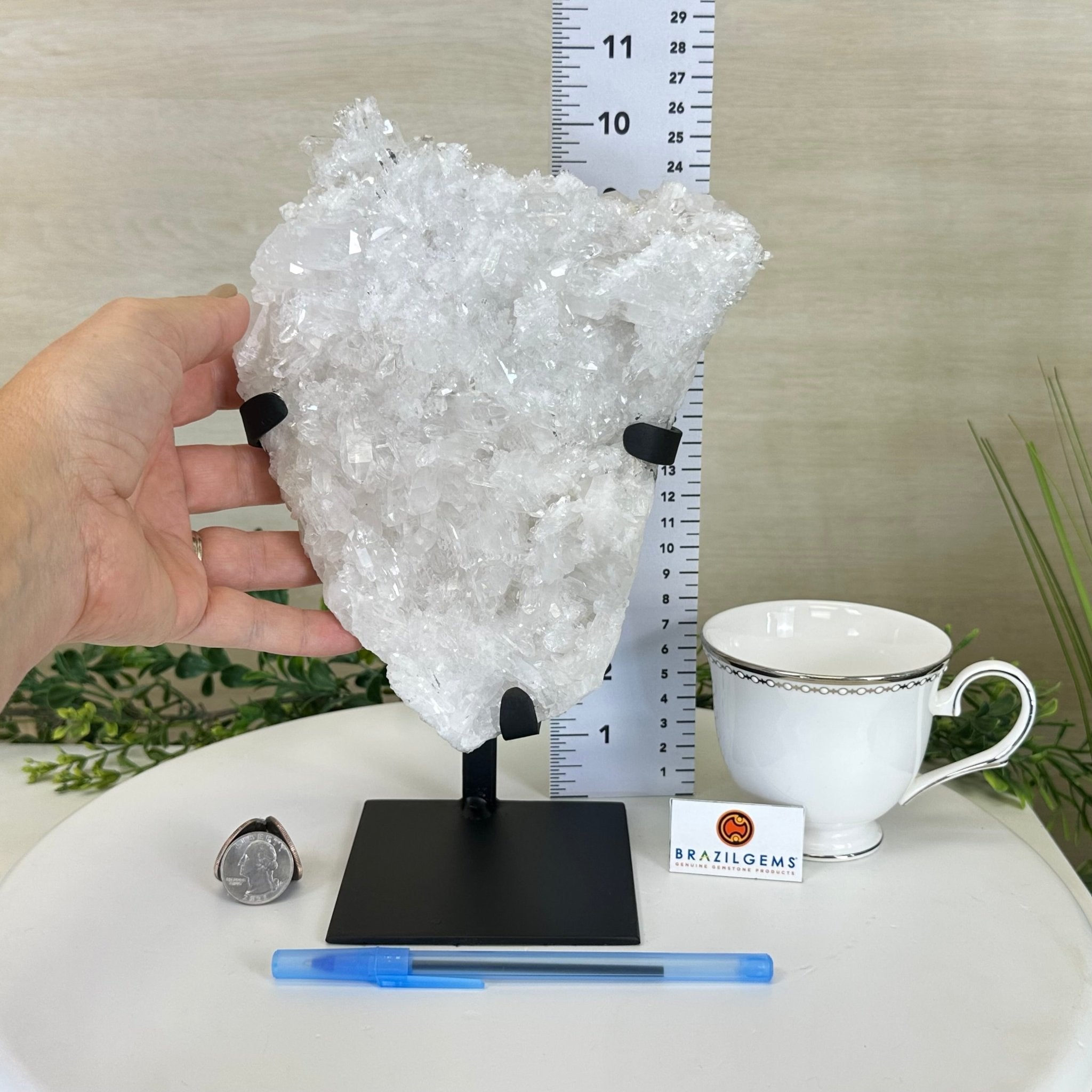 Super Quality Clear Quartz Cluster, Metal Stand, 5.3 lbs & 10.3" Tall 5495 - 0096 - Brazil GemsBrazil GemsSuper Quality Clear Quartz Cluster, Metal Stand, 5.3 lbs & 10.3" Tall 5495 - 0096Clusters on Fixed Bases5495 - 0096