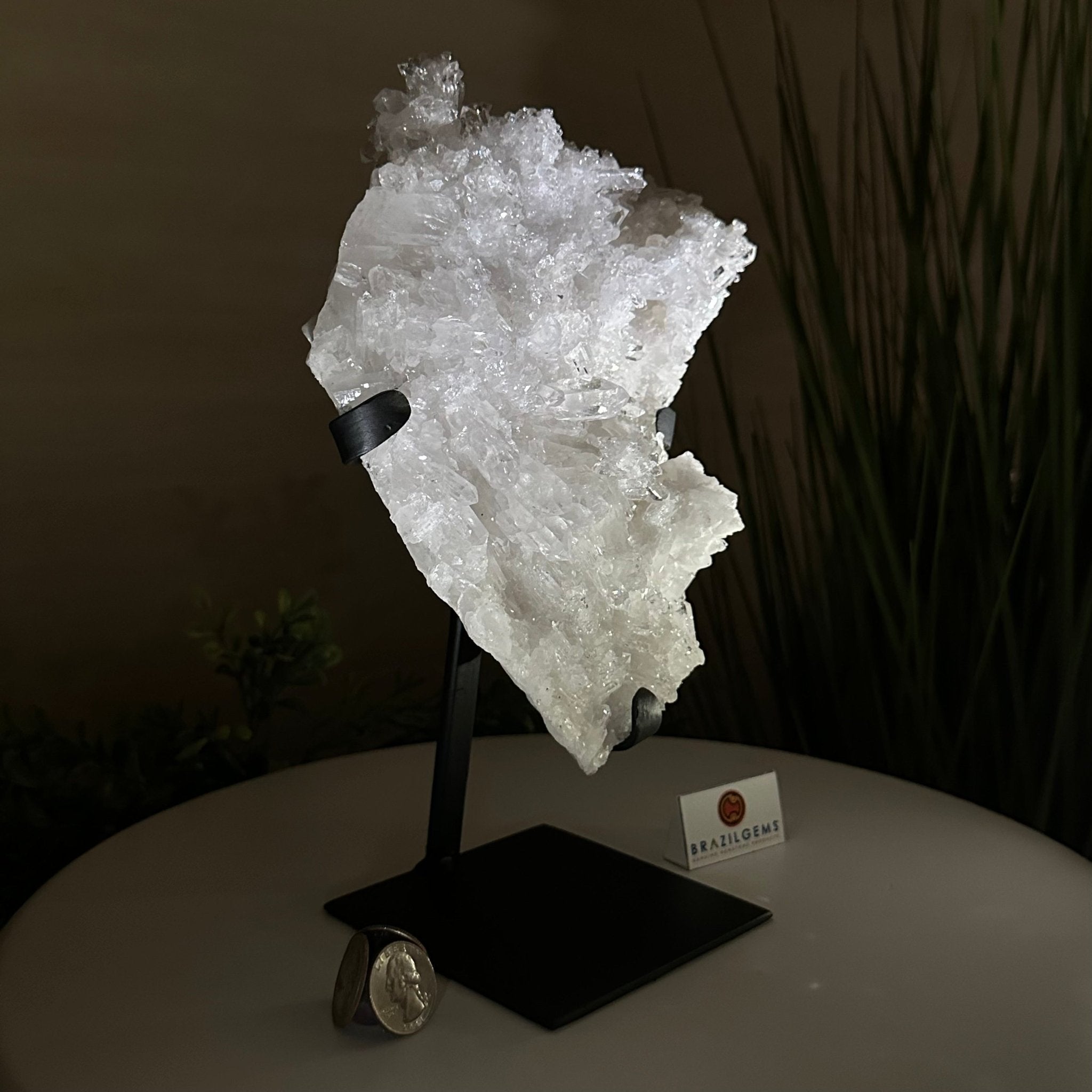 Super Quality Clear Quartz Cluster, Metal Stand, 5.3 lbs & 10.3" Tall 5495 - 0096 - Brazil GemsBrazil GemsSuper Quality Clear Quartz Cluster, Metal Stand, 5.3 lbs & 10.3" Tall 5495 - 0096Clusters on Fixed Bases5495 - 0096