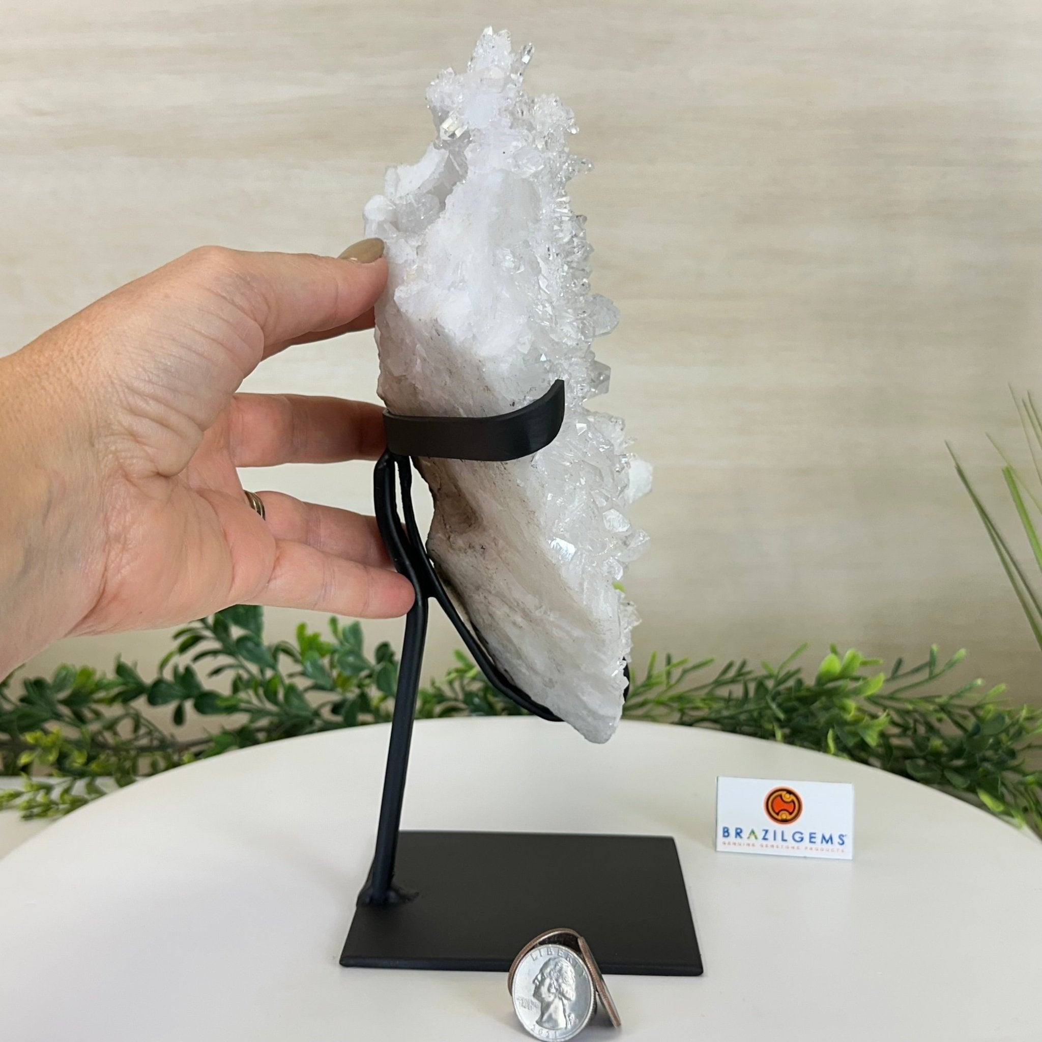 Super Quality Clear Quartz Cluster, Metal Stand, 5.3 lbs & 10.3" Tall 5495 - 0096 - Brazil GemsBrazil GemsSuper Quality Clear Quartz Cluster, Metal Stand, 5.3 lbs & 10.3" Tall 5495 - 0096Clusters on Fixed Bases5495 - 0096