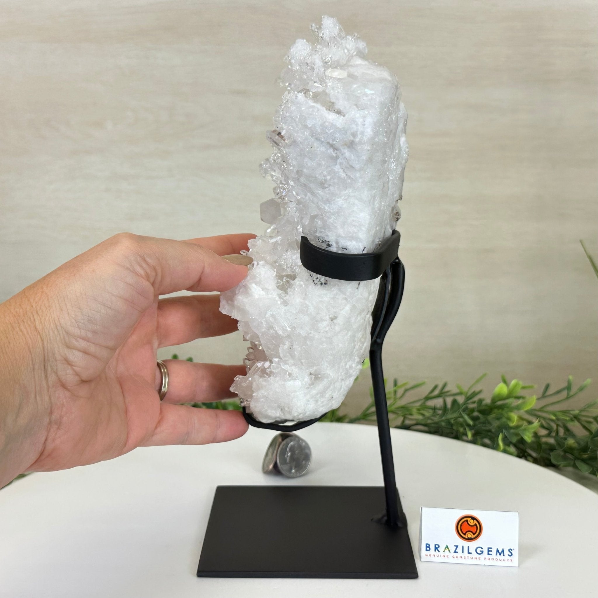 Super Quality Clear Quartz Cluster, Metal Stand, 5.3 lbs & 10.3" Tall 5495 - 0096 - Brazil GemsBrazil GemsSuper Quality Clear Quartz Cluster, Metal Stand, 5.3 lbs & 10.3" Tall 5495 - 0096Clusters on Fixed Bases5495 - 0096