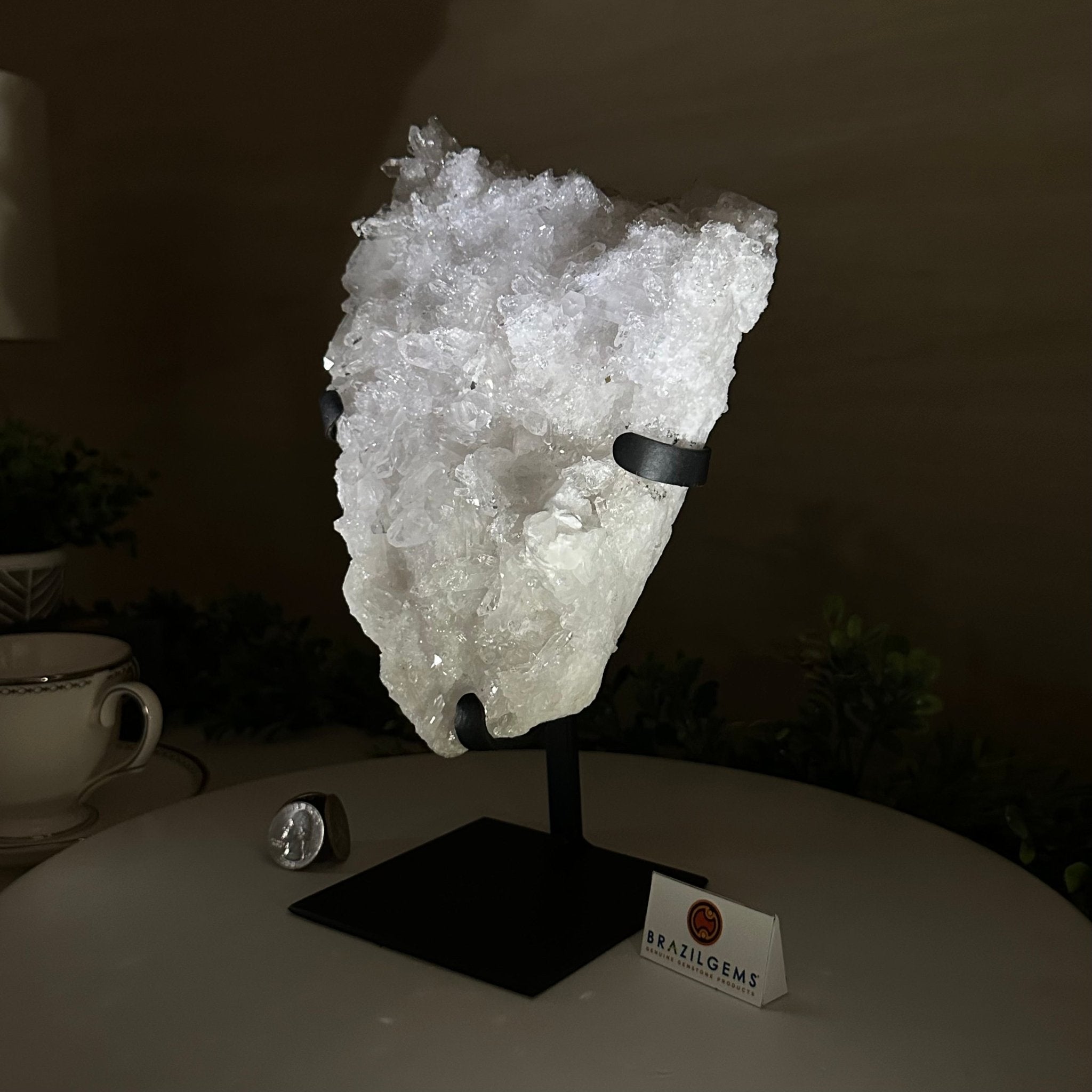 Super Quality Clear Quartz Cluster, Metal Stand, 5.3 lbs & 10.3" Tall 5495 - 0096 - Brazil GemsBrazil GemsSuper Quality Clear Quartz Cluster, Metal Stand, 5.3 lbs & 10.3" Tall 5495 - 0096Clusters on Fixed Bases5495 - 0096