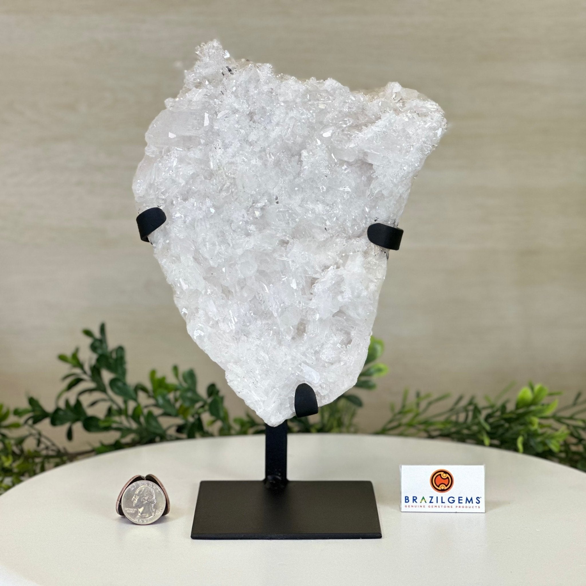 Super Quality Clear Quartz Cluster, Metal Stand, 5.3 lbs & 10.3" Tall 5495 - 0096 - Brazil GemsBrazil GemsSuper Quality Clear Quartz Cluster, Metal Stand, 5.3 lbs & 10.3" Tall 5495 - 0096Clusters on Fixed Bases5495 - 0096