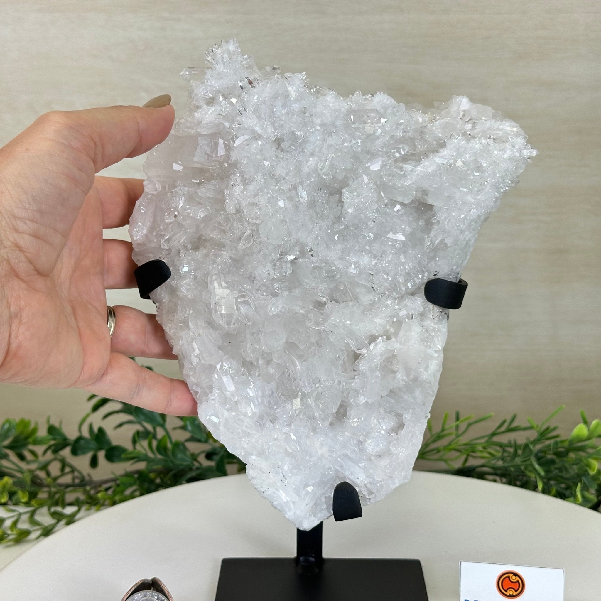 Super Quality Clear Quartz Cluster, Metal Stand, 5.3 lbs & 10.3" Tall 5495 - 0096 - Brazil GemsBrazil GemsSuper Quality Clear Quartz Cluster, Metal Stand, 5.3 lbs & 10.3" Tall 5495 - 0096Clusters on Fixed Bases5495 - 0096