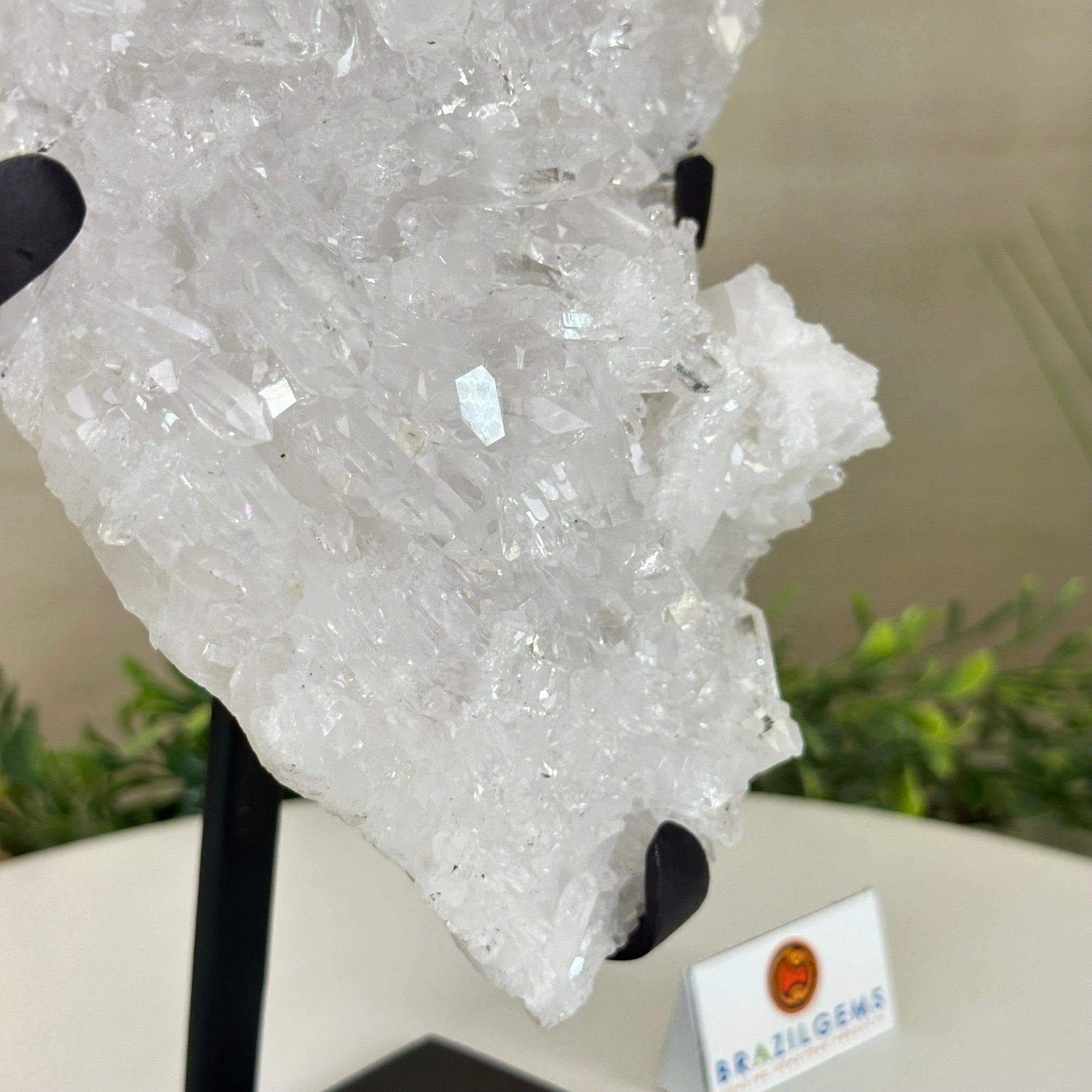 Super Quality Clear Quartz Cluster, Metal Stand, 5.3 lbs & 10.3" Tall 5495 - 0096 - Brazil GemsBrazil GemsSuper Quality Clear Quartz Cluster, Metal Stand, 5.3 lbs & 10.3" Tall 5495 - 0096Clusters on Fixed Bases5495 - 0096