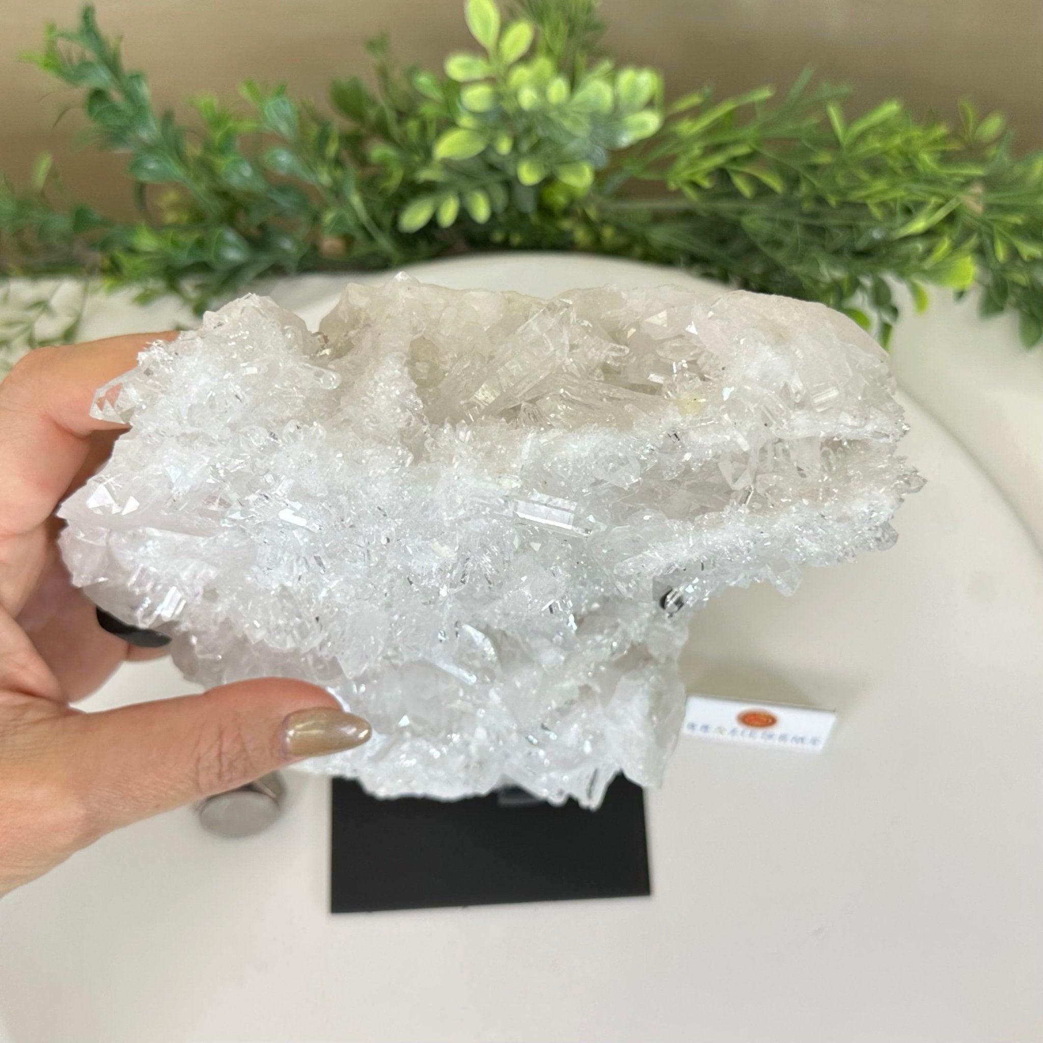 Super Quality Clear Quartz Cluster, Metal Stand, 5.3 lbs & 10.3" Tall 5495 - 0096 - Brazil GemsBrazil GemsSuper Quality Clear Quartz Cluster, Metal Stand, 5.3 lbs & 10.3" Tall 5495 - 0096Clusters on Fixed Bases5495 - 0096
