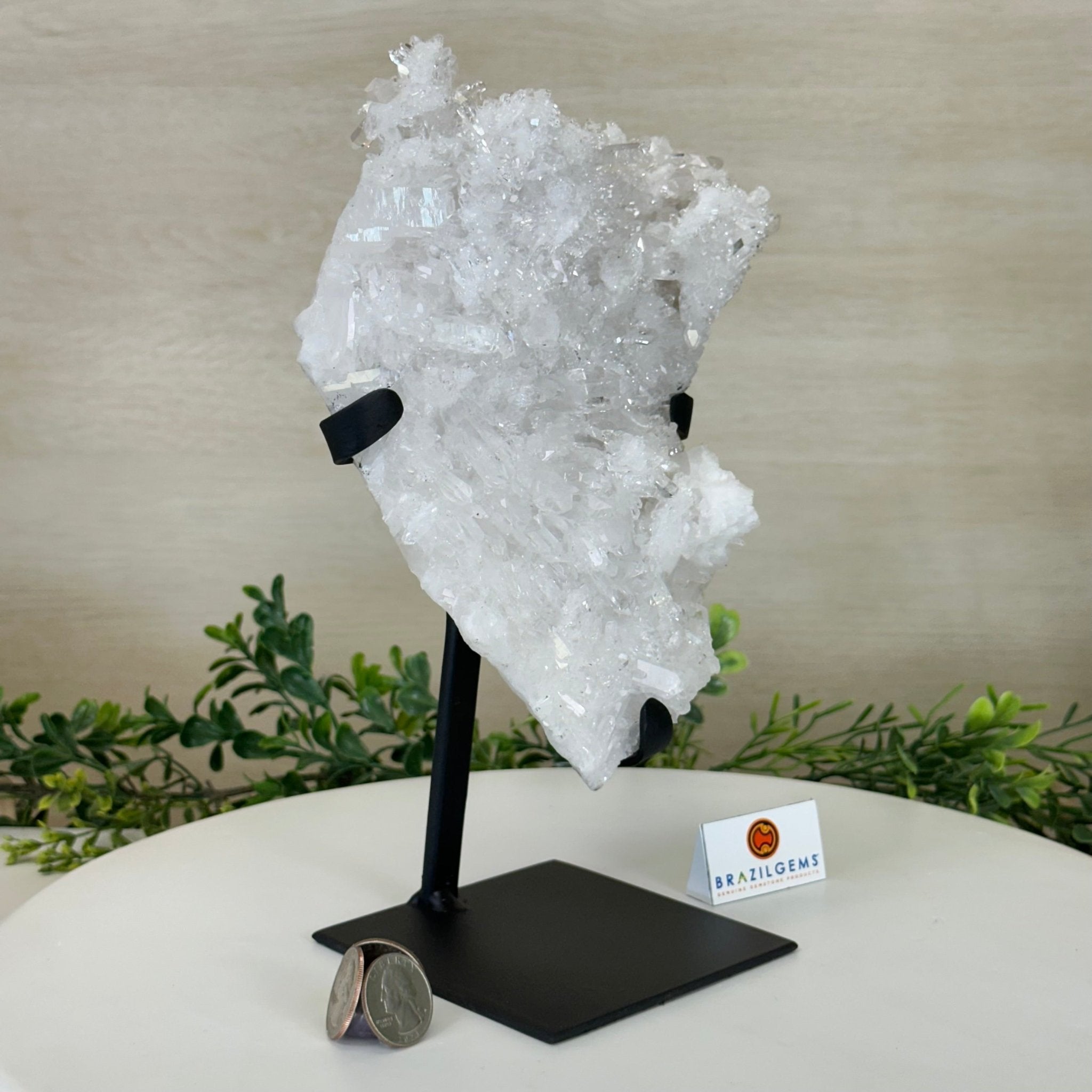 Super Quality Clear Quartz Cluster, Metal Stand, 5.3 lbs & 10.3" Tall 5495 - 0096 - Brazil GemsBrazil GemsSuper Quality Clear Quartz Cluster, Metal Stand, 5.3 lbs & 10.3" Tall 5495 - 0096Clusters on Fixed Bases5495 - 0096