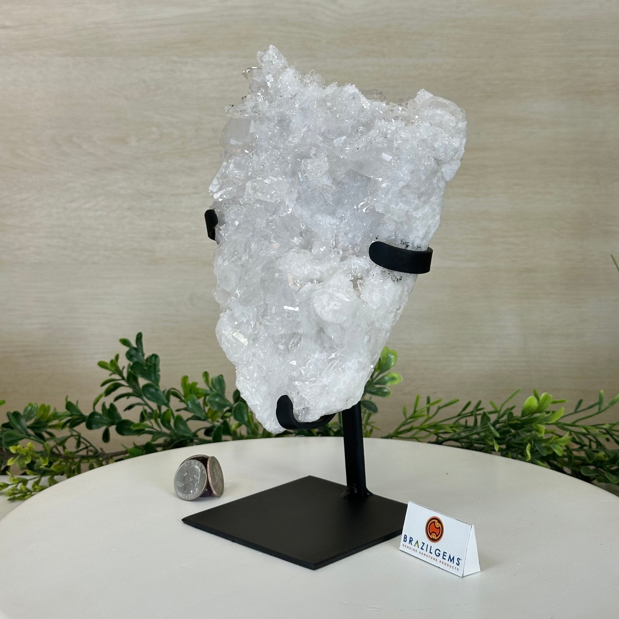 Super Quality Clear Quartz Cluster, Metal Stand, 5.3 lbs & 10.3" Tall 5495 - 0096 - Brazil GemsBrazil GemsSuper Quality Clear Quartz Cluster, Metal Stand, 5.3 lbs & 10.3" Tall 5495 - 0096Clusters on Fixed Bases5495 - 0096