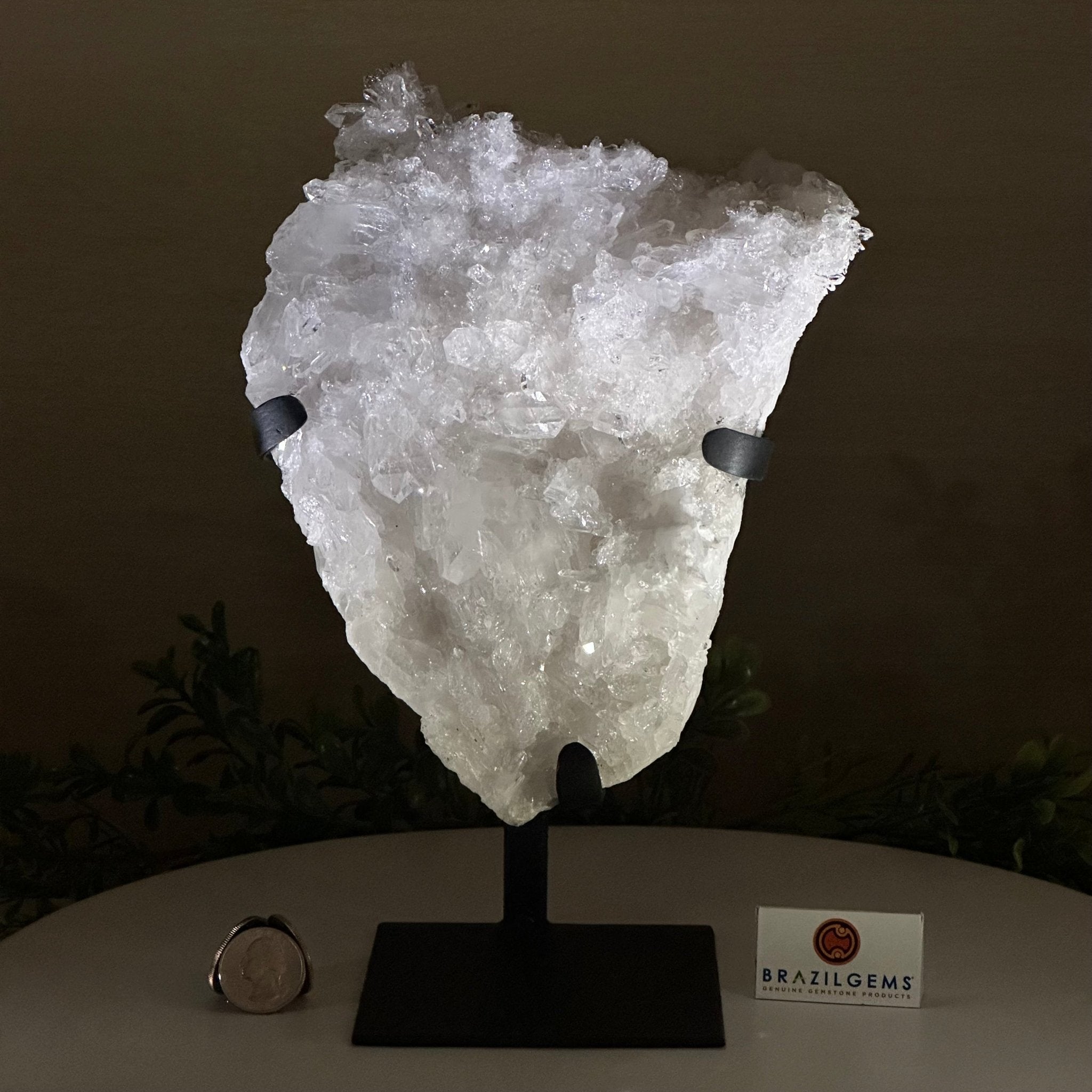 Super Quality Clear Quartz Cluster, Metal Stand, 5.3 lbs & 10.3" Tall 5495 - 0096 - Brazil GemsBrazil GemsSuper Quality Clear Quartz Cluster, Metal Stand, 5.3 lbs & 10.3" Tall 5495 - 0096Clusters on Fixed Bases5495 - 0096