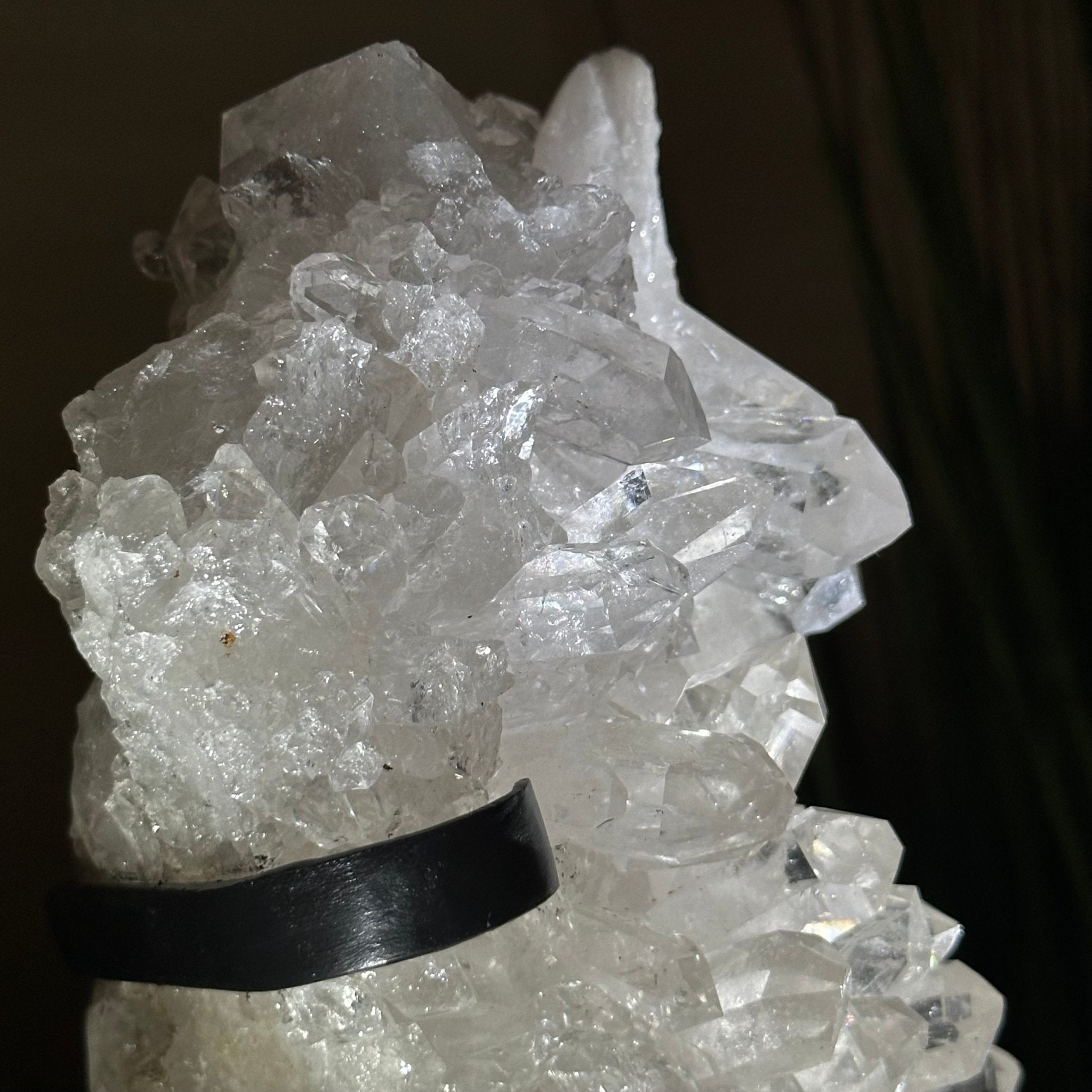 Super Quality Clear Quartz Cluster, Metal Stand, 6.1 lbs & 9.3" Tall 5495 - 0097 - Brazil GemsBrazil GemsSuper Quality Clear Quartz Cluster, Metal Stand, 6.1 lbs & 9.3" Tall 5495 - 0097Clusters on Fixed Bases5495 - 0097