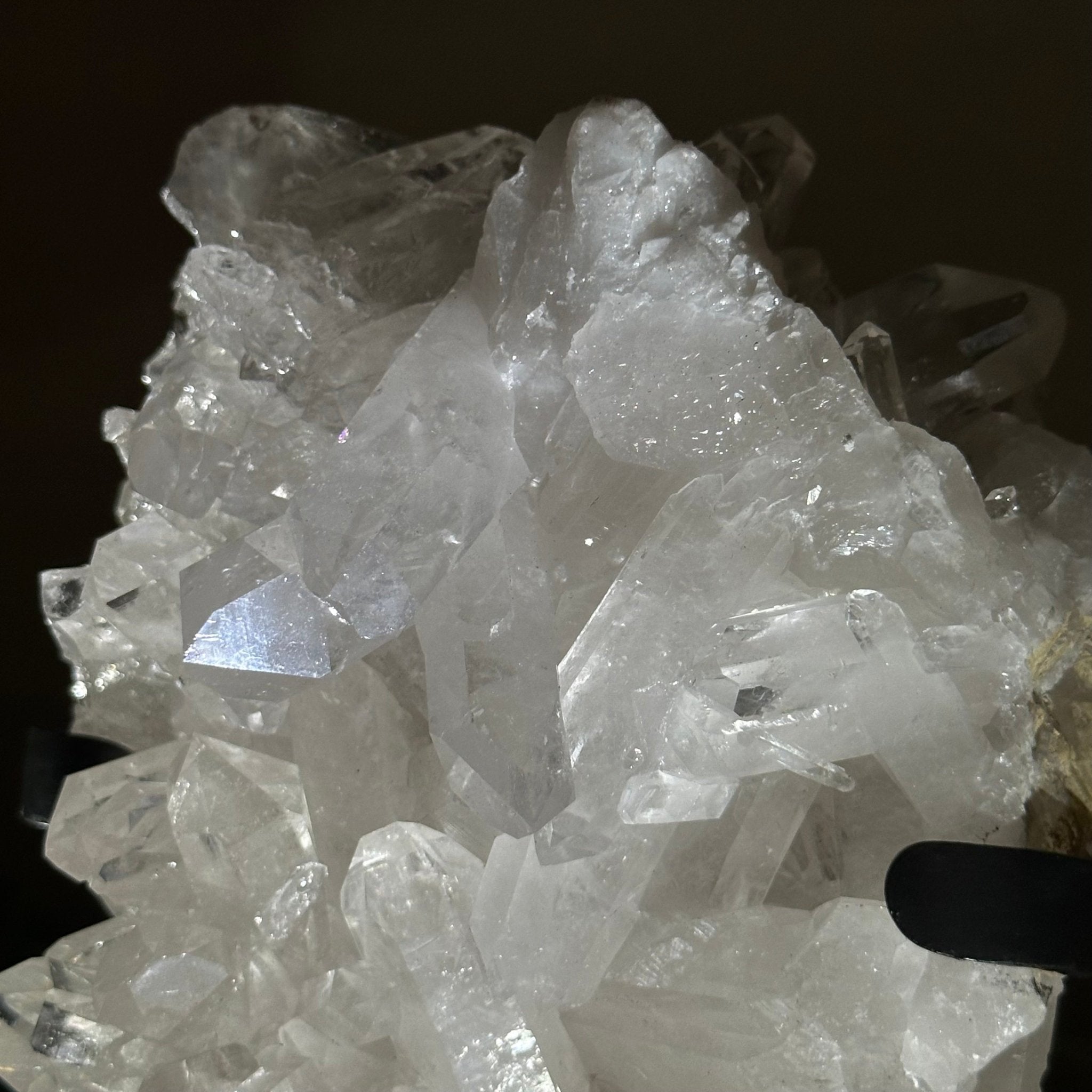 Super Quality Clear Quartz Cluster, Metal Stand, 6.1 lbs & 9.3" Tall 5495 - 0097 - Brazil GemsBrazil GemsSuper Quality Clear Quartz Cluster, Metal Stand, 6.1 lbs & 9.3" Tall 5495 - 0097Clusters on Fixed Bases5495 - 0097