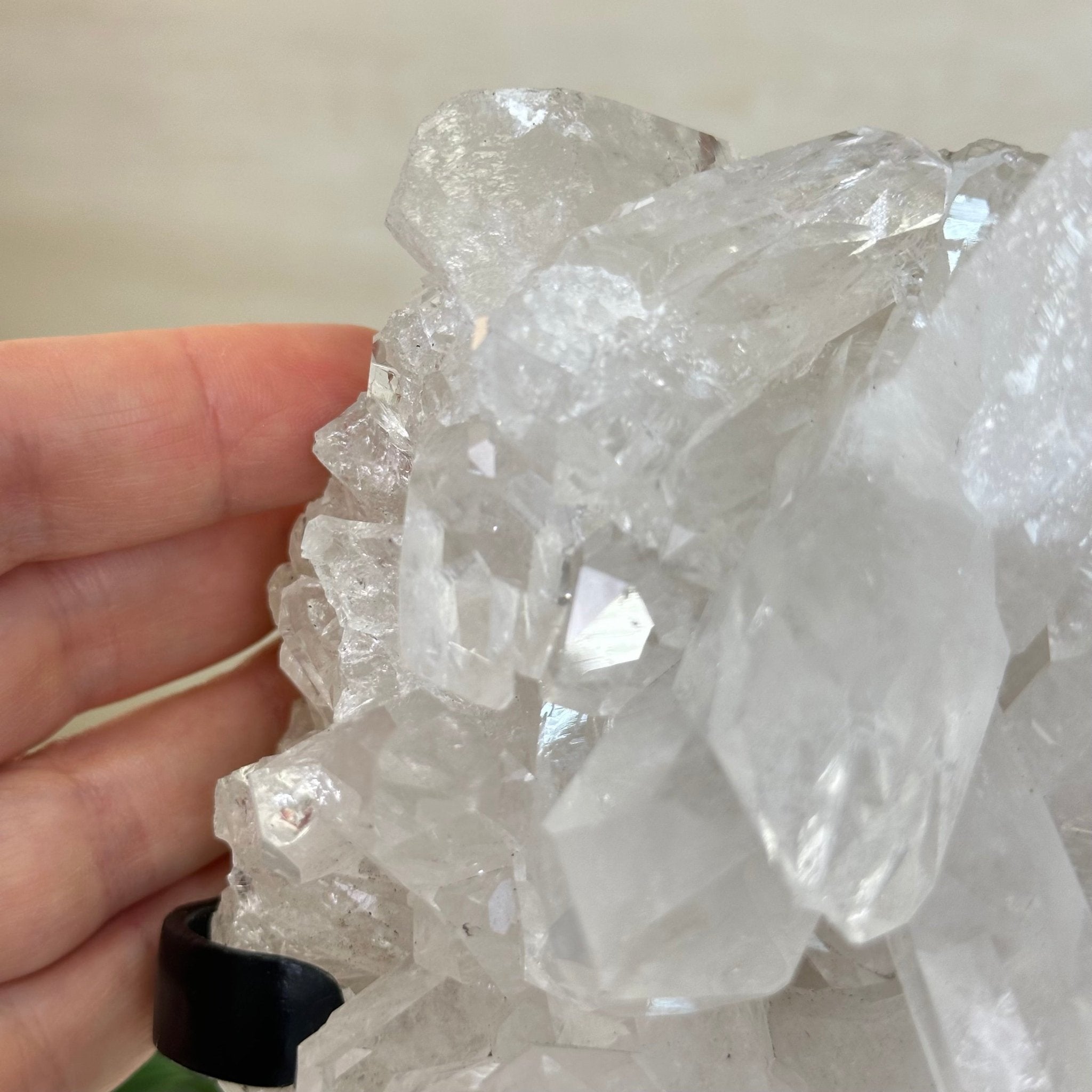 Super Quality Clear Quartz Cluster, Metal Stand, 6.1 lbs & 9.3" Tall 5495 - 0097 - Brazil GemsBrazil GemsSuper Quality Clear Quartz Cluster, Metal Stand, 6.1 lbs & 9.3" Tall 5495 - 0097Clusters on Fixed Bases5495 - 0097