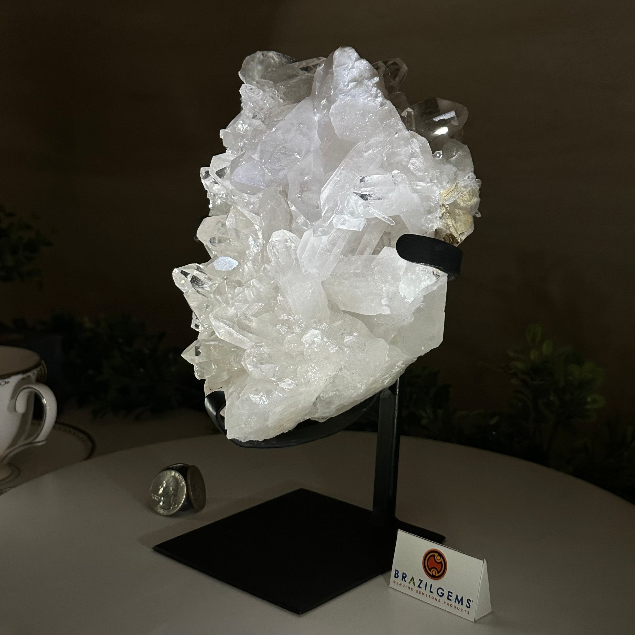Super Quality Clear Quartz Cluster, Metal Stand, 6.1 lbs & 9.3" Tall 5495 - 0097 - Brazil GemsBrazil GemsSuper Quality Clear Quartz Cluster, Metal Stand, 6.1 lbs & 9.3" Tall 5495 - 0097Clusters on Fixed Bases5495 - 0097