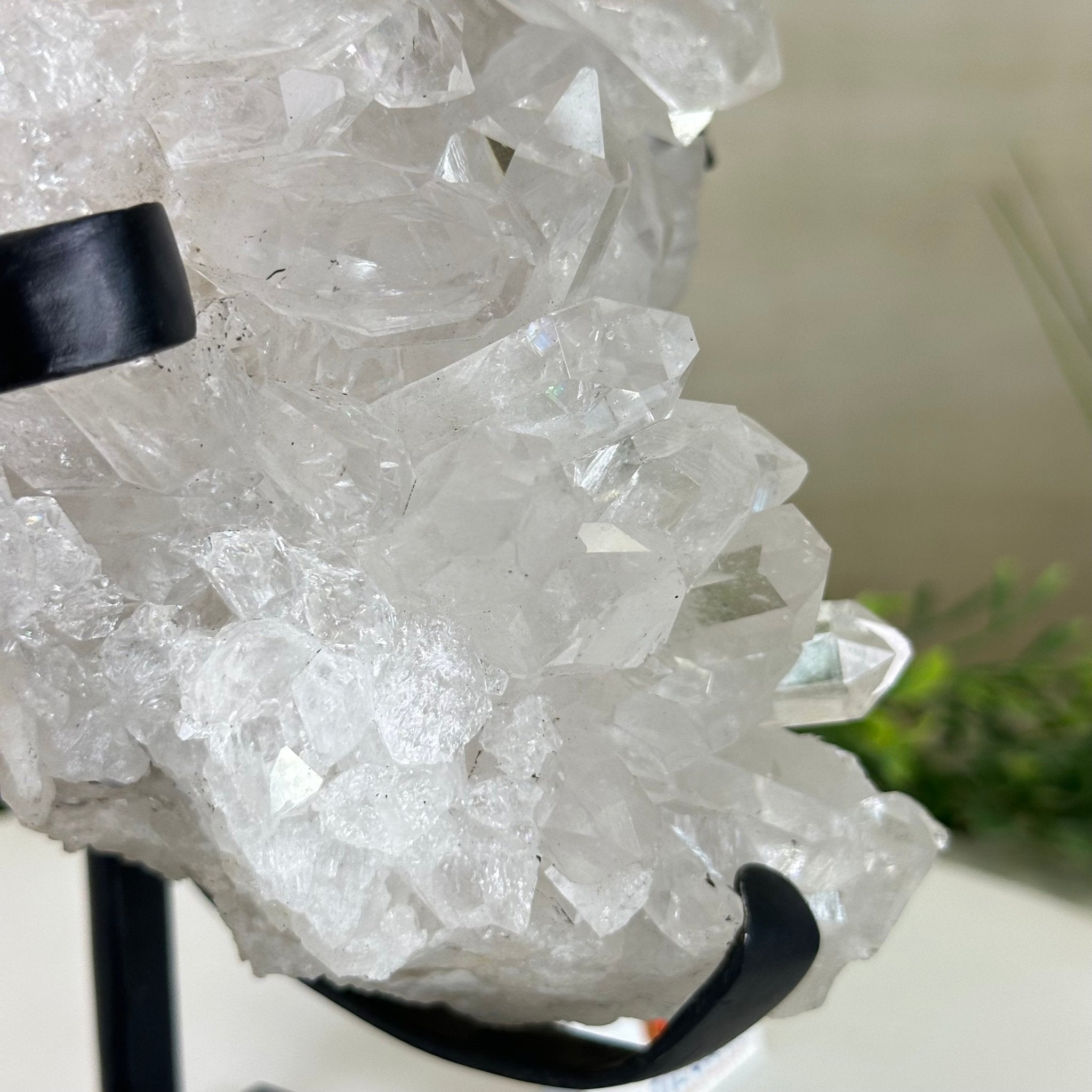 Super Quality Clear Quartz Cluster, Metal Stand, 6.1 lbs & 9.3" Tall 5495 - 0097 - Brazil GemsBrazil GemsSuper Quality Clear Quartz Cluster, Metal Stand, 6.1 lbs & 9.3" Tall 5495 - 0097Clusters on Fixed Bases5495 - 0097
