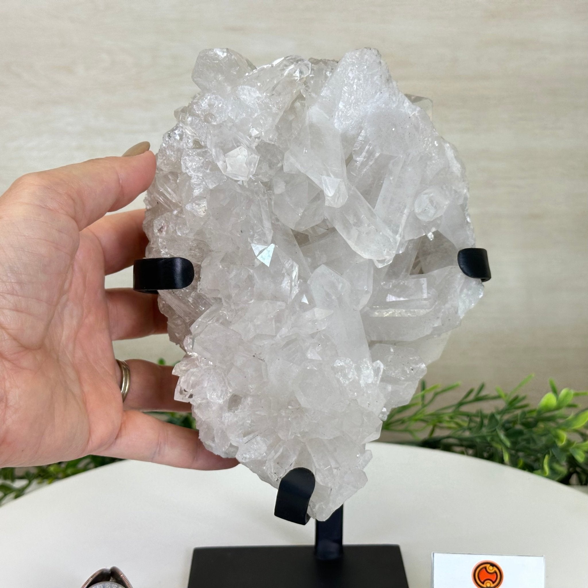 Super Quality Clear Quartz Cluster, Metal Stand, 6.1 lbs & 9.3" Tall 5495 - 0097 - Brazil GemsBrazil GemsSuper Quality Clear Quartz Cluster, Metal Stand, 6.1 lbs & 9.3" Tall 5495 - 0097Clusters on Fixed Bases5495 - 0097