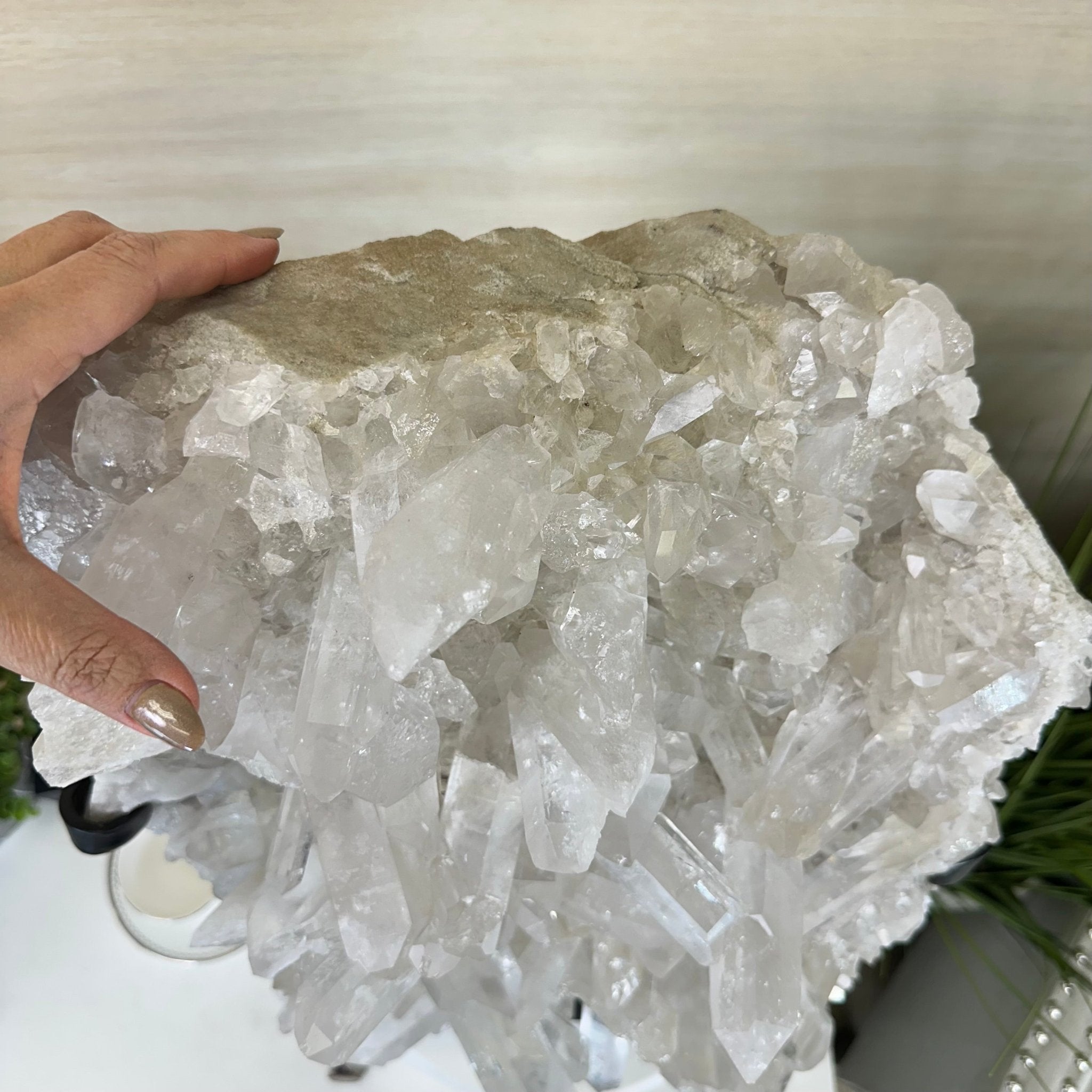 Super Quality Clear Quartz Cluster, Metal Stand, 84.5 lbs & 26.7" Tall 5495 - 0103 - Brazil GemsBrazil GemsSuper Quality Clear Quartz Cluster, Metal Stand, 84.5 lbs & 26.7" Tall 5495 - 0103Clusters on Fixed Bases5495 - 0103