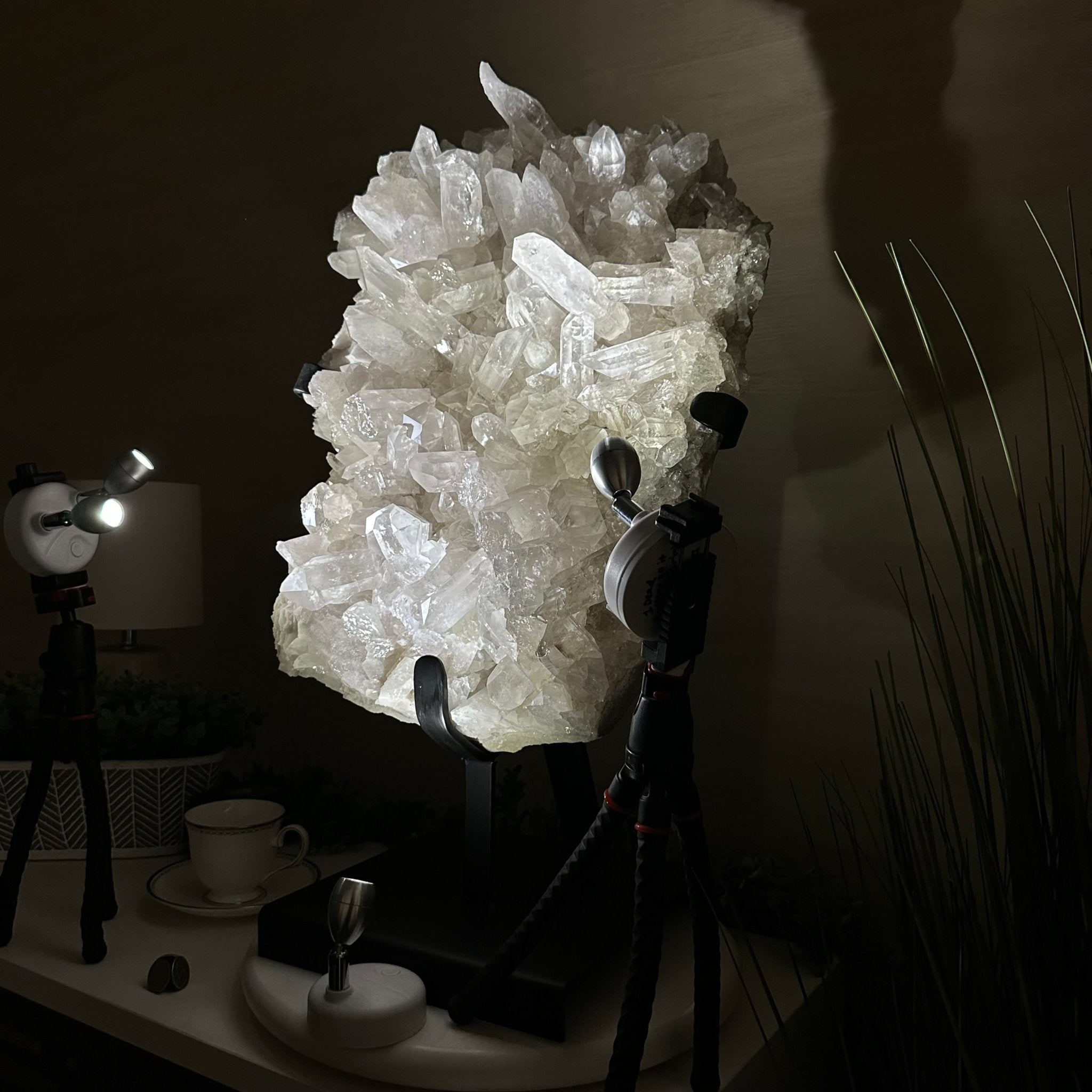 Super Quality Clear Quartz Cluster, Metal Stand, 84.5 lbs & 26.7" Tall 5495 - 0103 - Brazil GemsBrazil GemsSuper Quality Clear Quartz Cluster, Metal Stand, 84.5 lbs & 26.7" Tall 5495 - 0103Clusters on Fixed Bases5495 - 0103