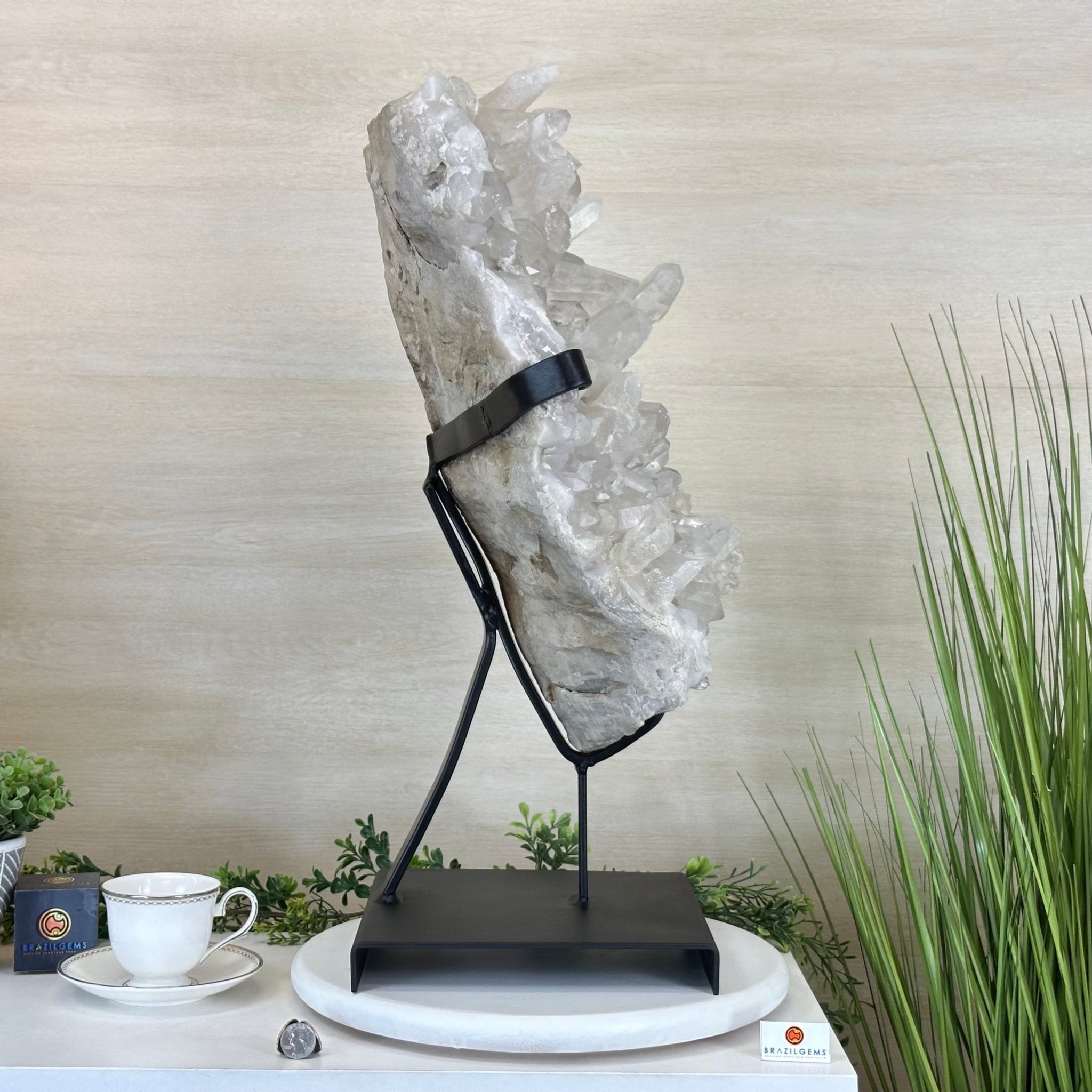 Super Quality Clear Quartz Cluster, Metal Stand, 84.5 lbs & 26.7" Tall 5495 - 0103 - Brazil GemsBrazil GemsSuper Quality Clear Quartz Cluster, Metal Stand, 84.5 lbs & 26.7" Tall 5495 - 0103Clusters on Fixed Bases5495 - 0103