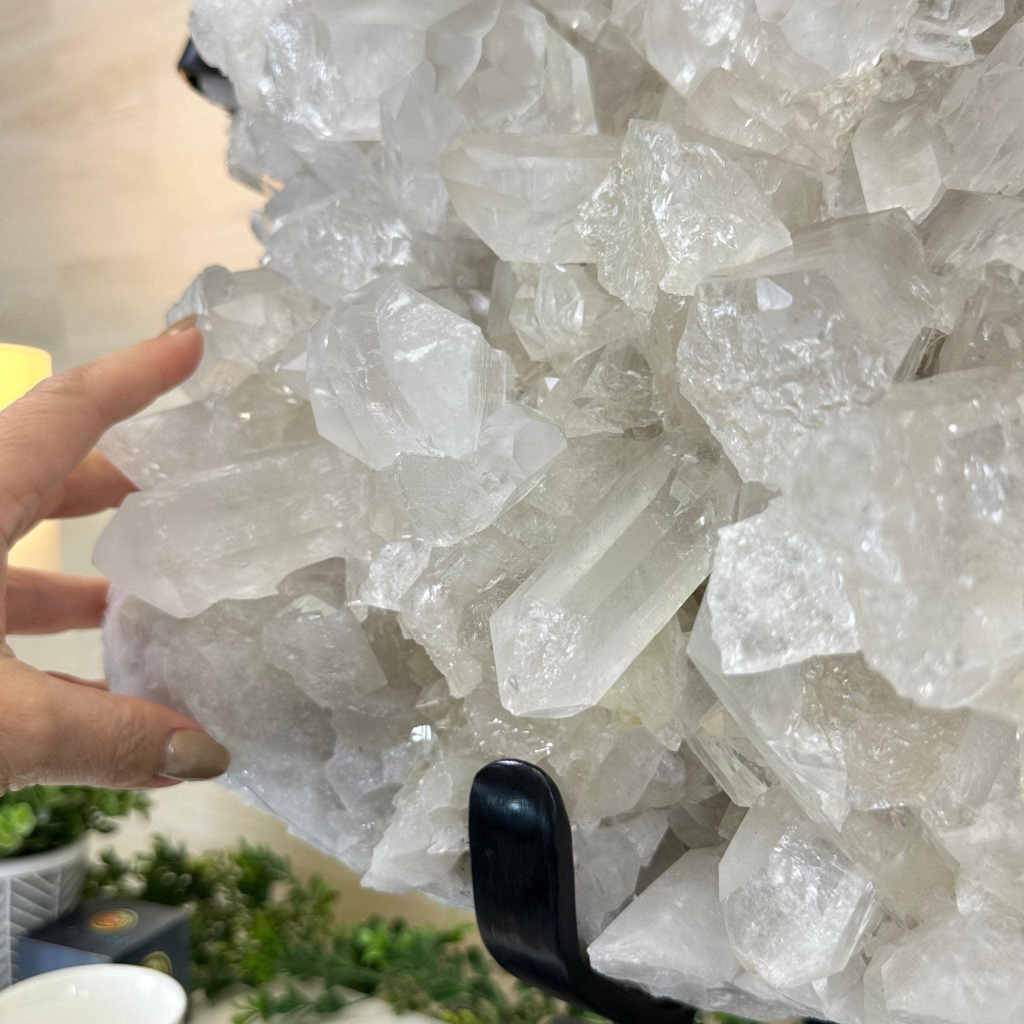Super Quality Clear Quartz Cluster, Metal Stand, 84.5 lbs & 26.7" Tall 5495 - 0103 - Brazil GemsBrazil GemsSuper Quality Clear Quartz Cluster, Metal Stand, 84.5 lbs & 26.7" Tall 5495 - 0103Clusters on Fixed Bases5495 - 0103